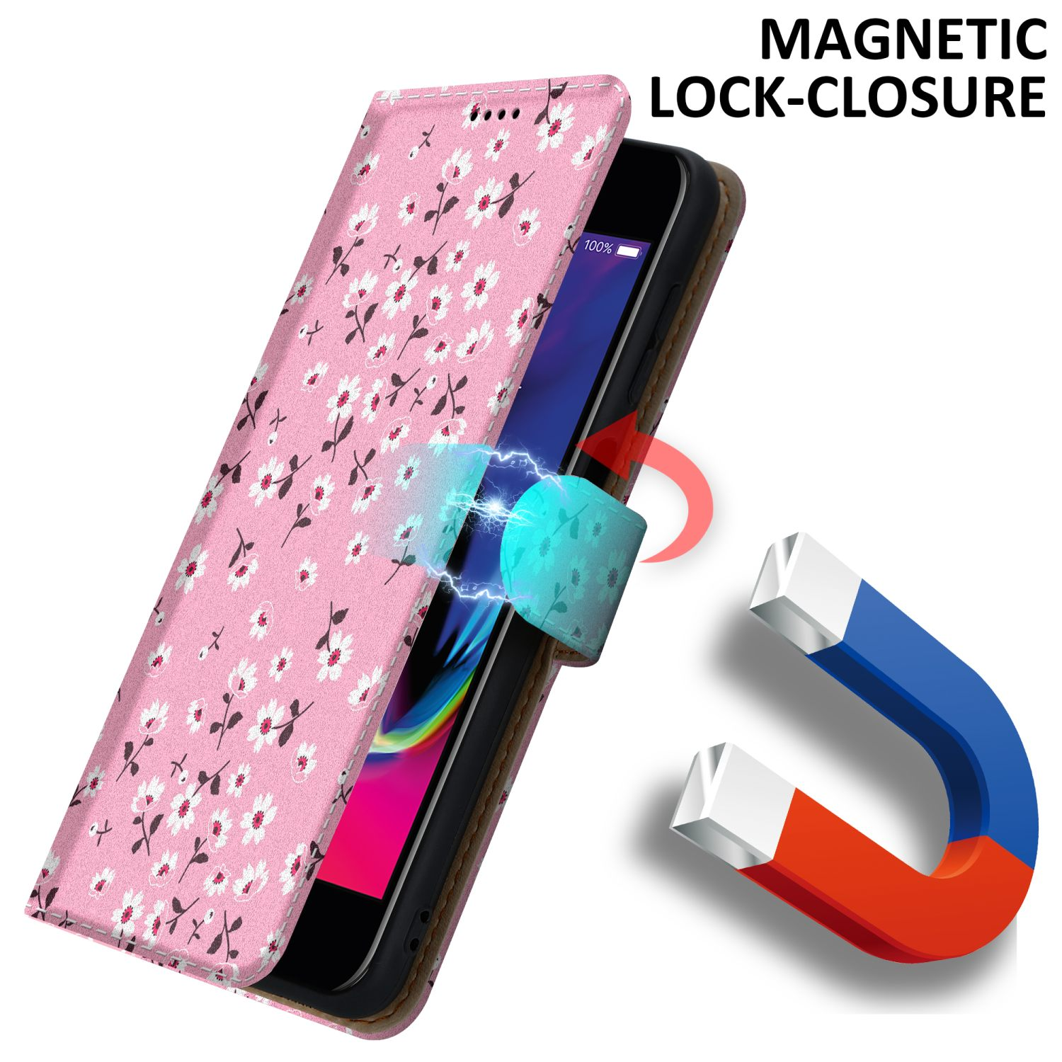 Custodia per telefono floreale rosa, aperta, con chiusura magnetica. Il telefono è in mostra.