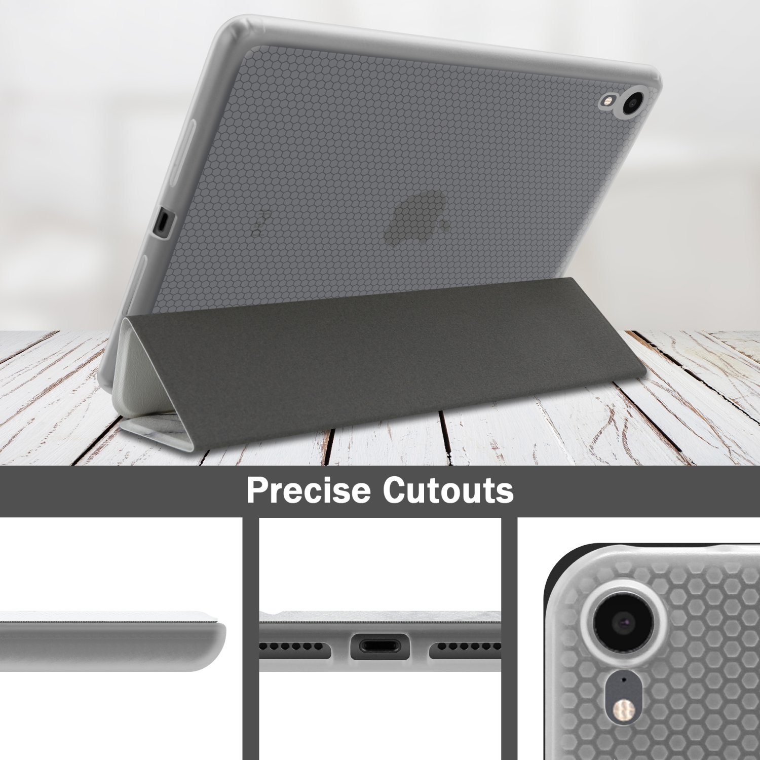 Custodia per tablet argentata con funzione supporto. Ritagli precisi per porte e fotocamera. Motivo a nido d'ape.