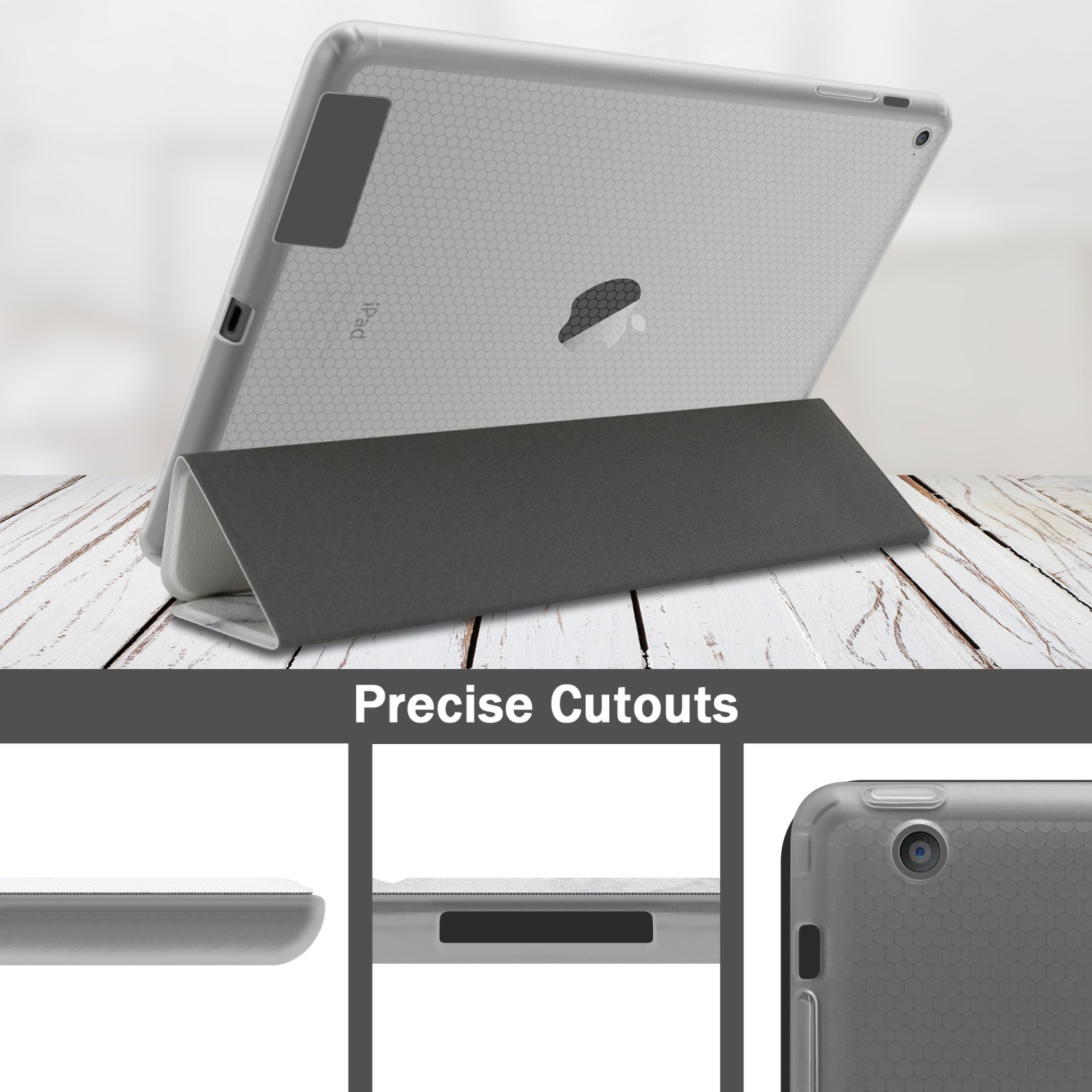 Tablet grigio con custodia, supporto. Ritagli precisi, su superficie in legno.