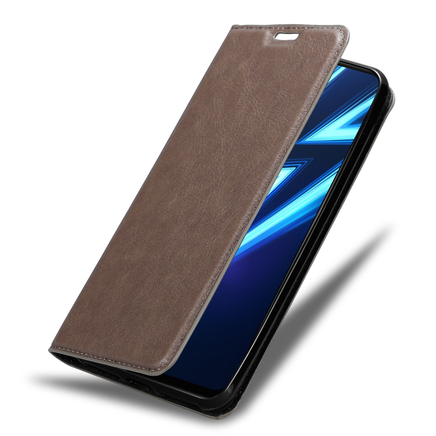 Custodia in pelle marrone, aperta per rivelare lo schermo del telefono. Il telefono ha un display blu e bianco.