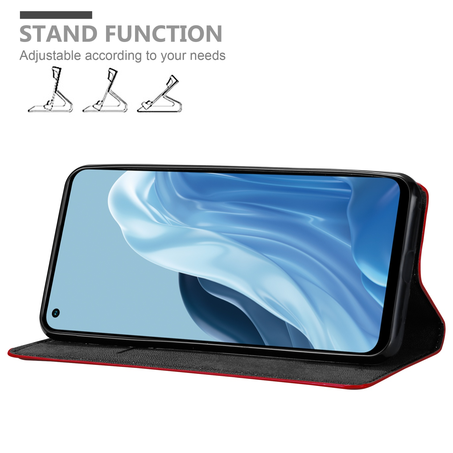 Rote Handyhülle, Telefon darin, Standfunktion, verstellbar, schwarzer Hintergrund.