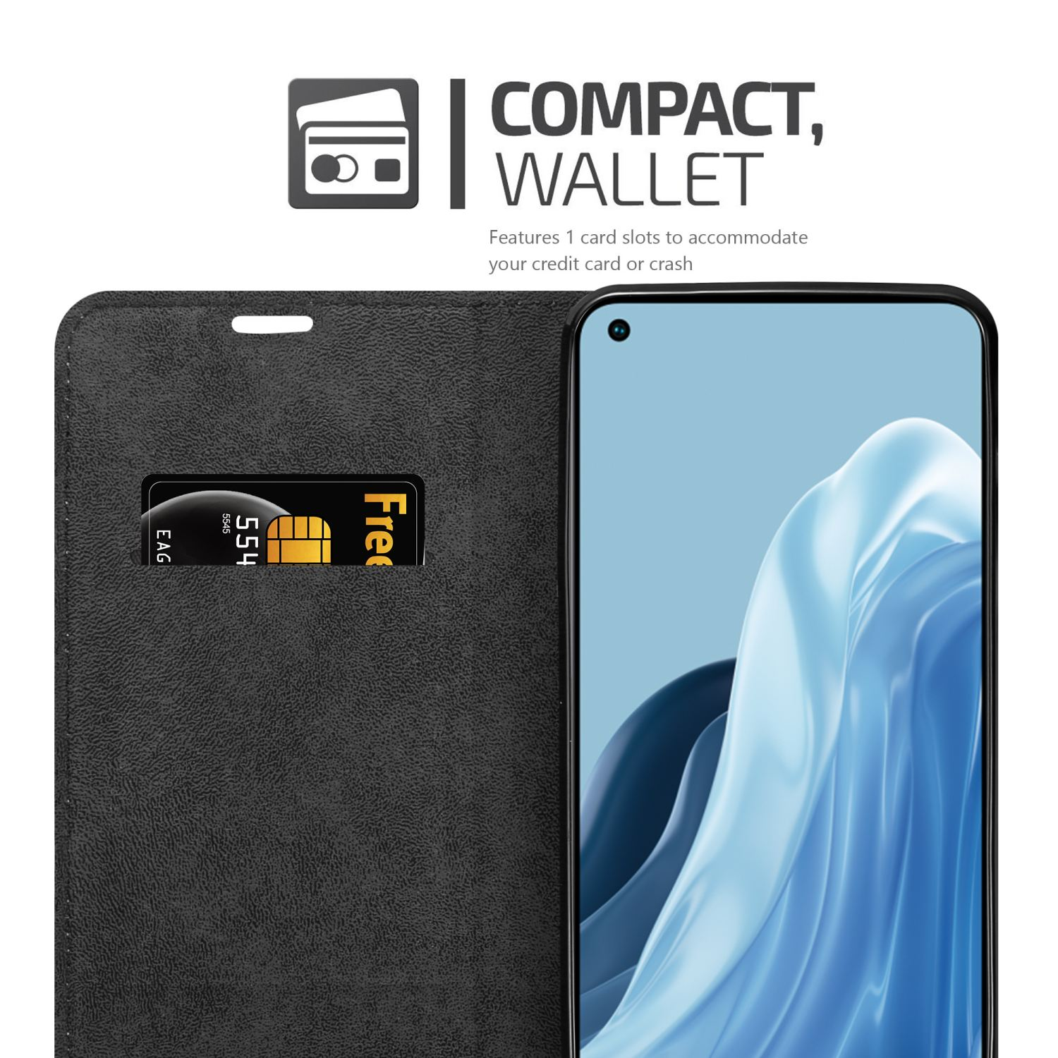 Eine schwarze Handyhülle ist geöffnet und gibt den Bildschirm frei. Eine Karte ist im Schlitz. Oppo.
