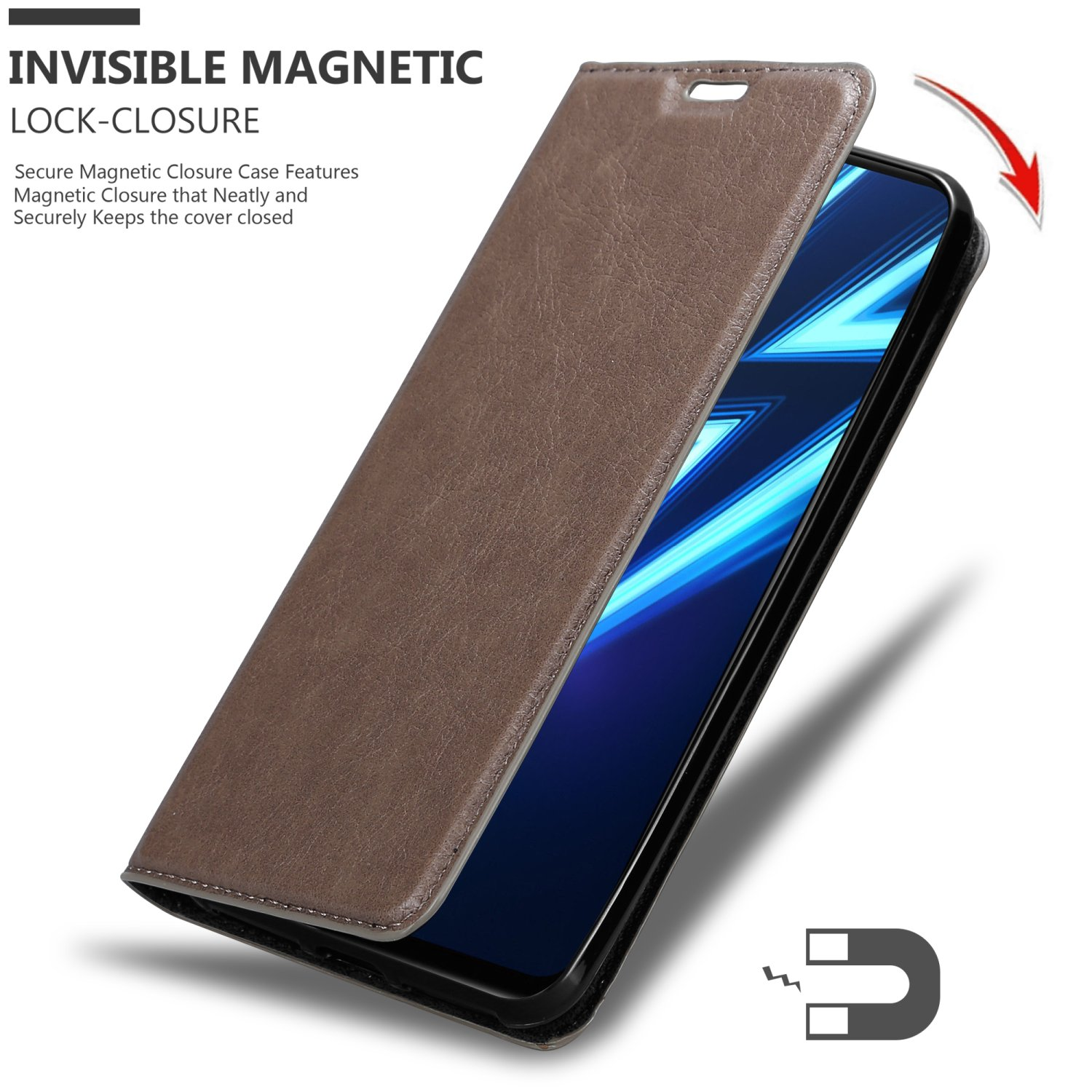 Custodia per telefono marrone aperta, che mostra il telefono. Viene evidenziata la chiusura magnetica invisibile. Telefono nero.