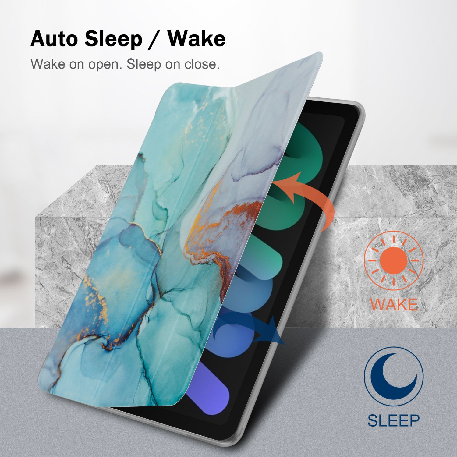 Tablet con una cover a fantasia verde acqua che si apre, rivelando lo schermo. Le frecce indicano la funzione sleep/wake.