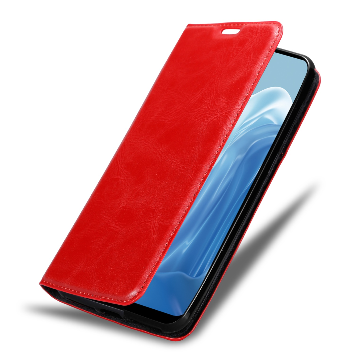 Rote Handyhülle, offen. Telefon innen. Roter Koffer, offen. Telefonbildschirm sichtbar. Weißer Hintergrund.