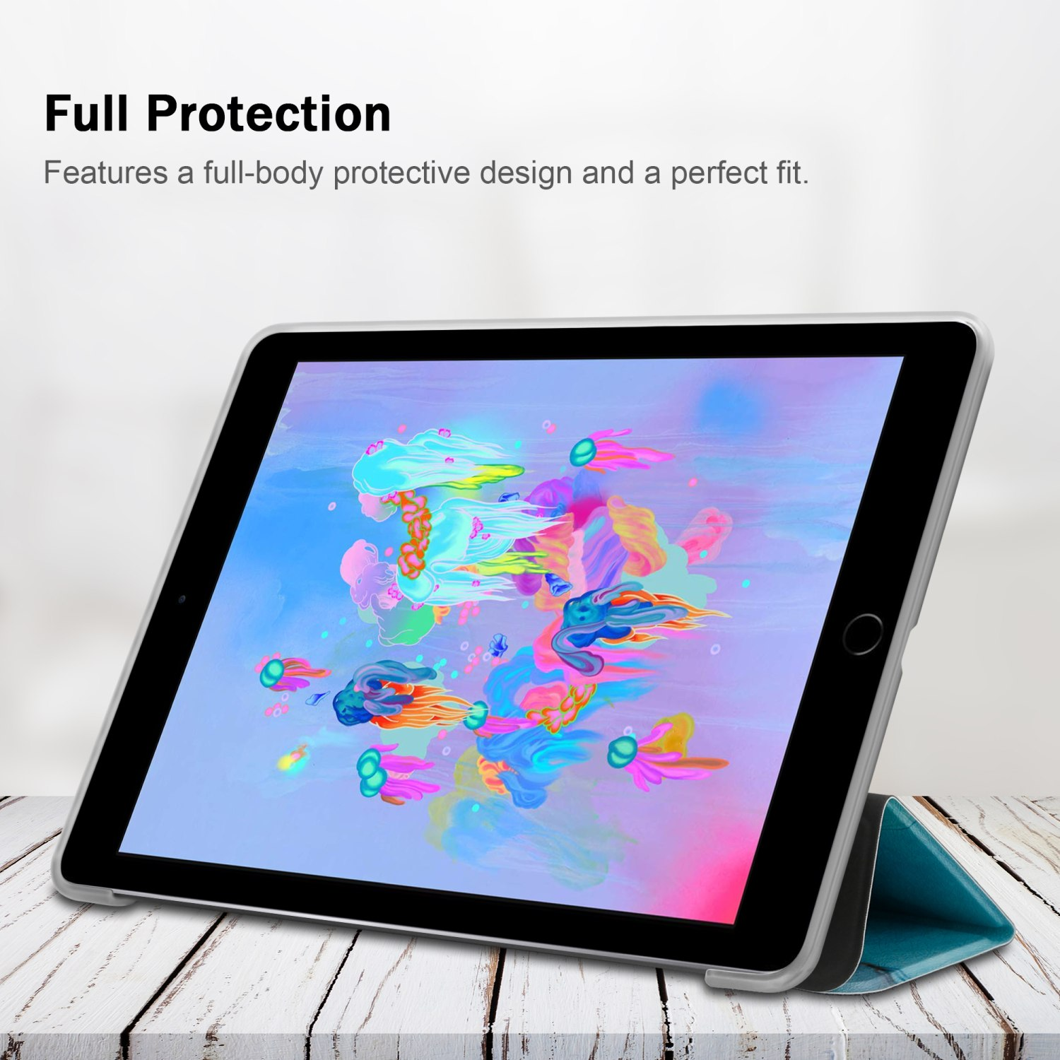 Tableta en una funda sobre una mesa de madera. La pantalla muestra arte abstracto colorido.