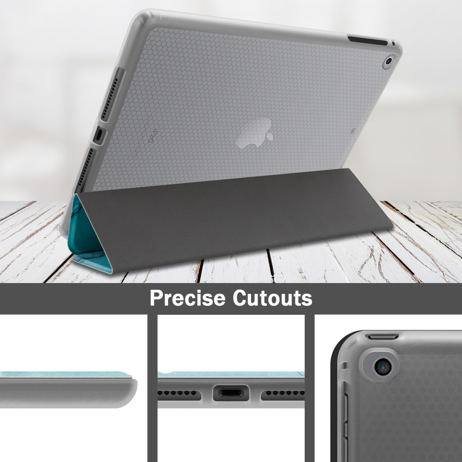 Tableta en funda gris. La tableta está de pie y tiene una cubierta azul.