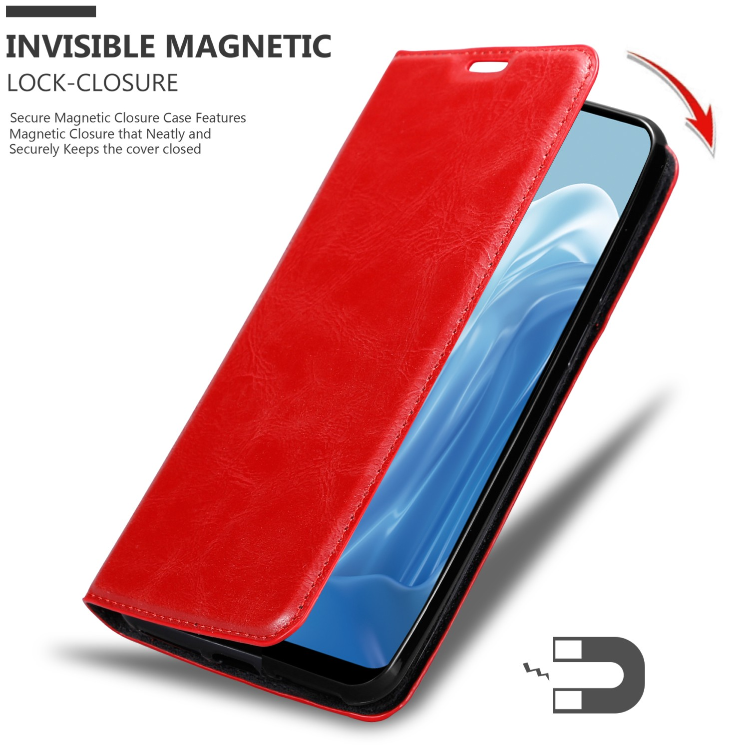 Rote Handyhülle mit Magnetverschluss, das Telefon ist innen sichtbar.
