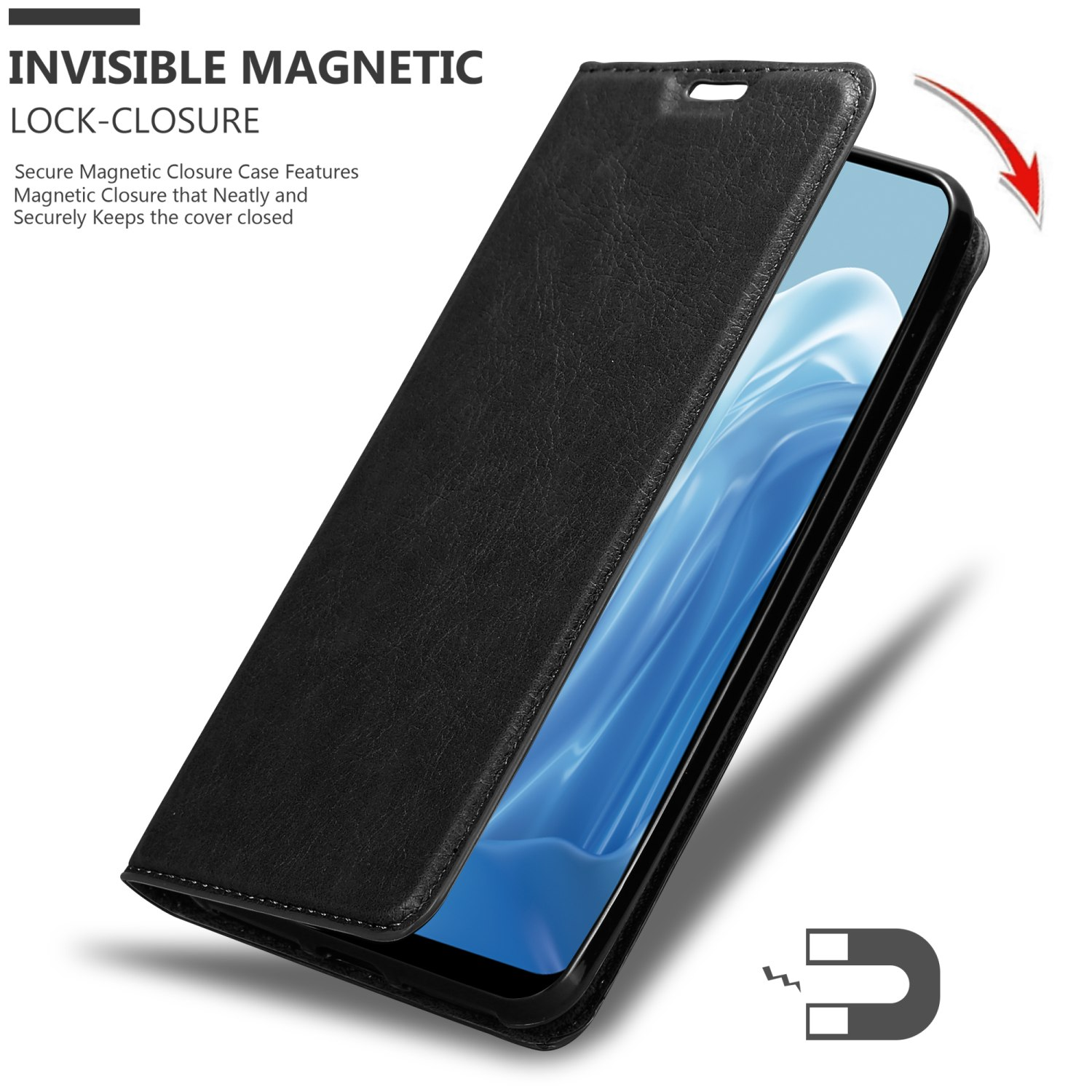 Schwarze Handyhülle, geöffnet, mit Telefon. Magnet-Illustration. Text: INVISIBLE MAGNETIC LOCK-CLOSURE.