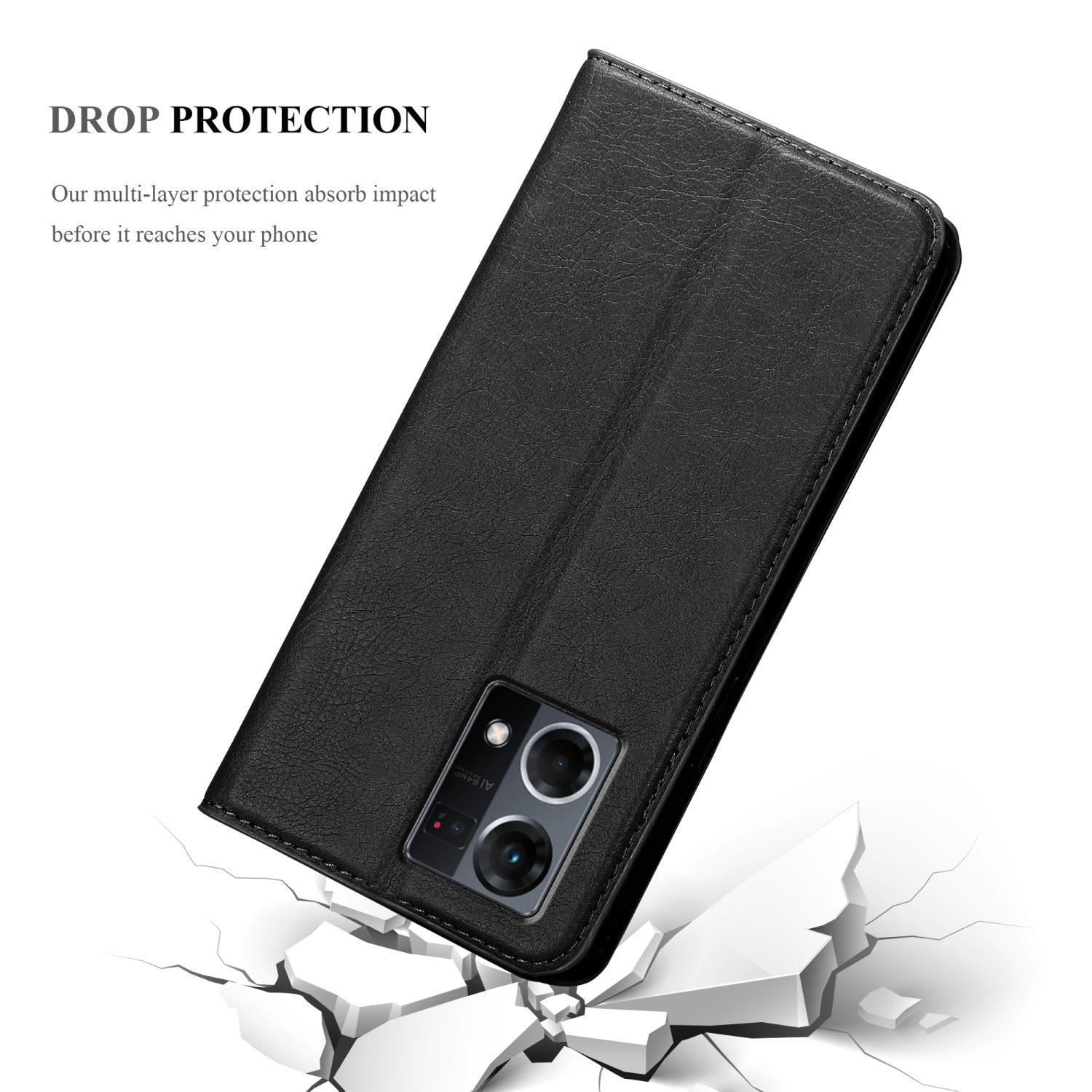 Schwarze Handyhülle geöffnet, Telefon sichtbar. Text: Drop Protection. Schwarze Ledertextur.