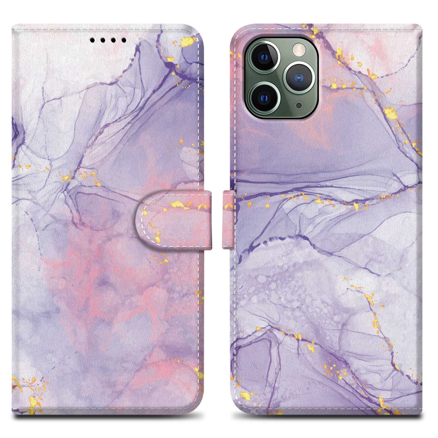Custodia del telefono aperta, che mostra un motivo marmorizzato in viola, rosa e oro, con chiusura magnetica.