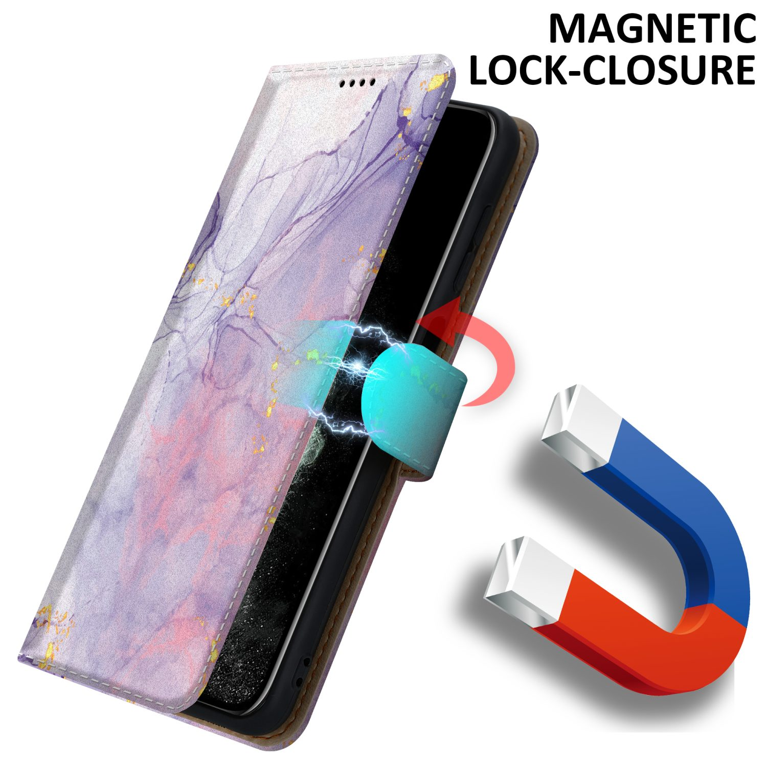 Custodia del telefono aperta, con chiusura magnetica. La custodia ha una trama marmorizzata.