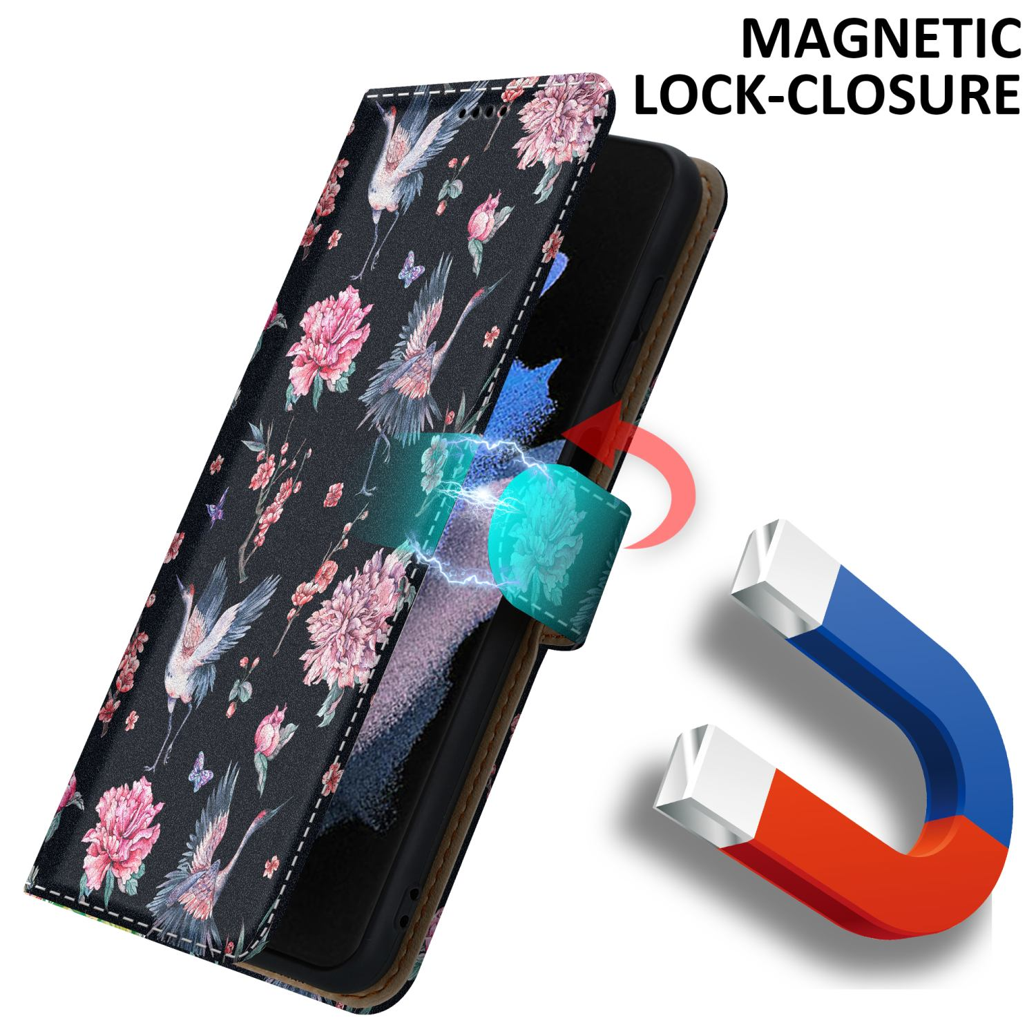 Custodia nera per telefono con design di gru e fiori, chiusura magnetica chiusa con un magnete.