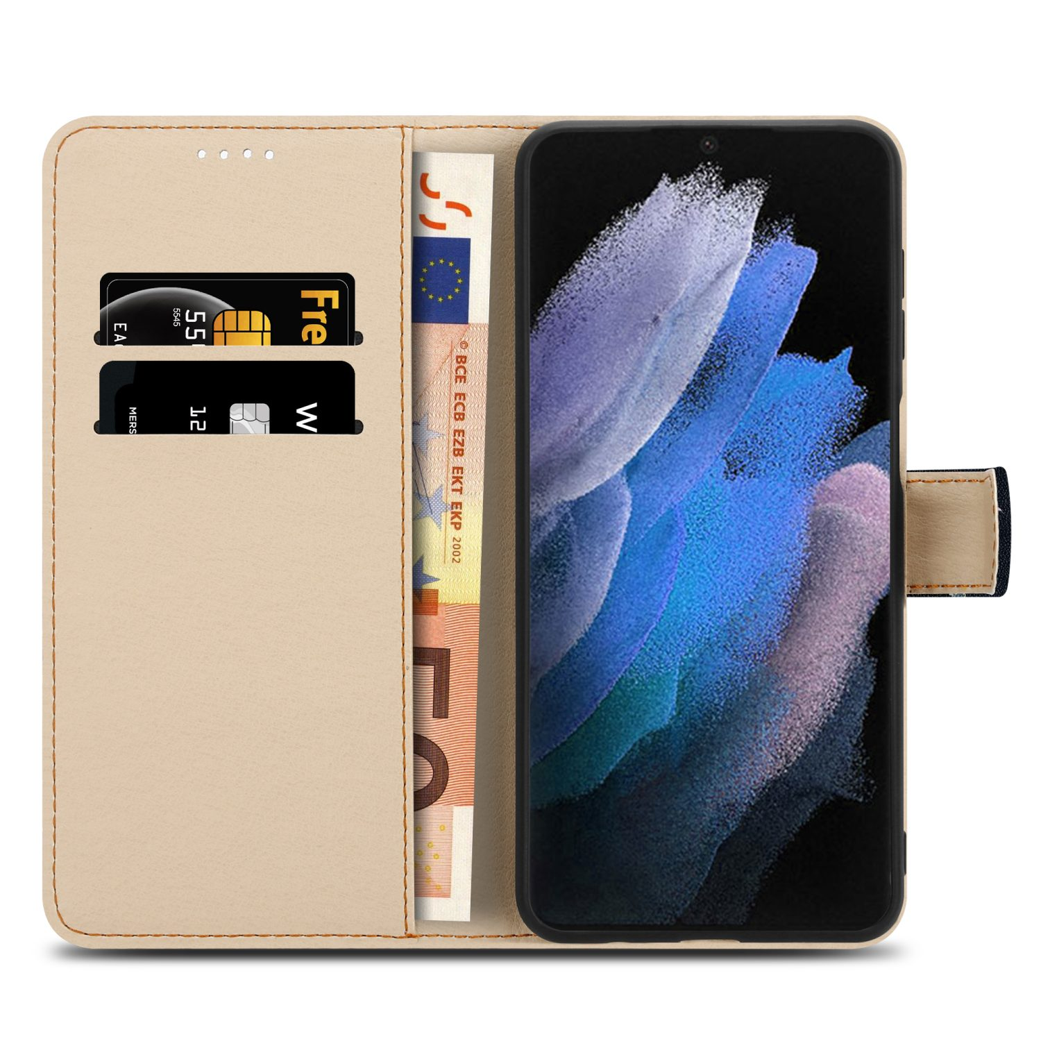 Custodia del telefono aperta con telefono e slot per carte, che mostrano euro e carte. Beige.