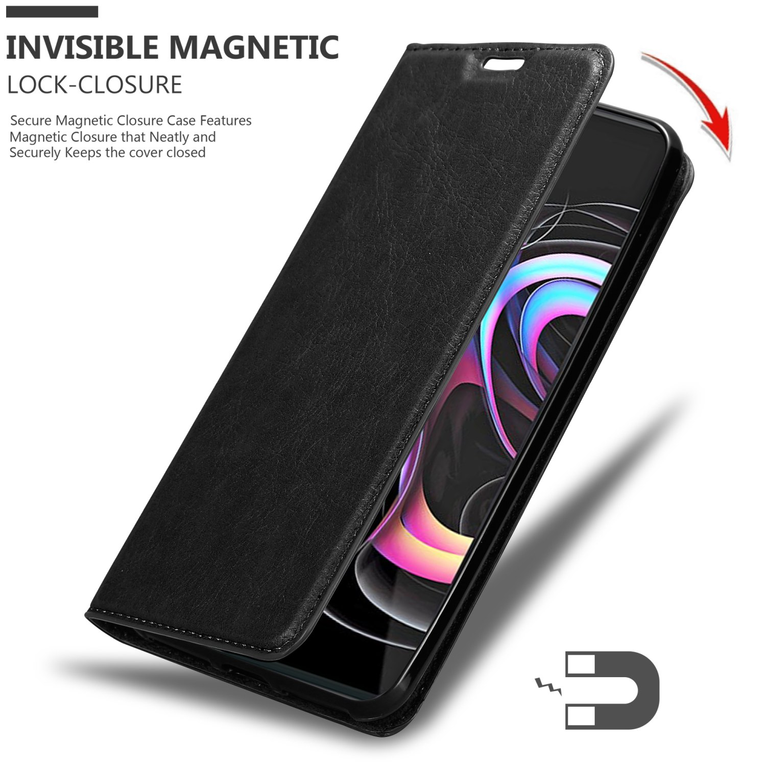 Schwarze Handyhülle mit unsichtbarem Magnetverschluss, offen, zeigt das Telefon im Inneren und ein Magnetsymbol.