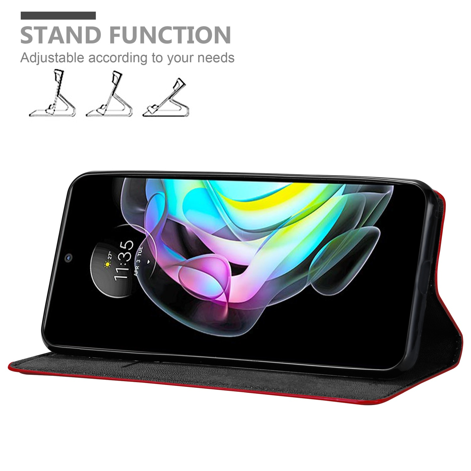 Schwarzes Telefon in roter Hülle, zum Betrachten aufgestellt. Das Telefon zeigt ein farbenfrohes Design.