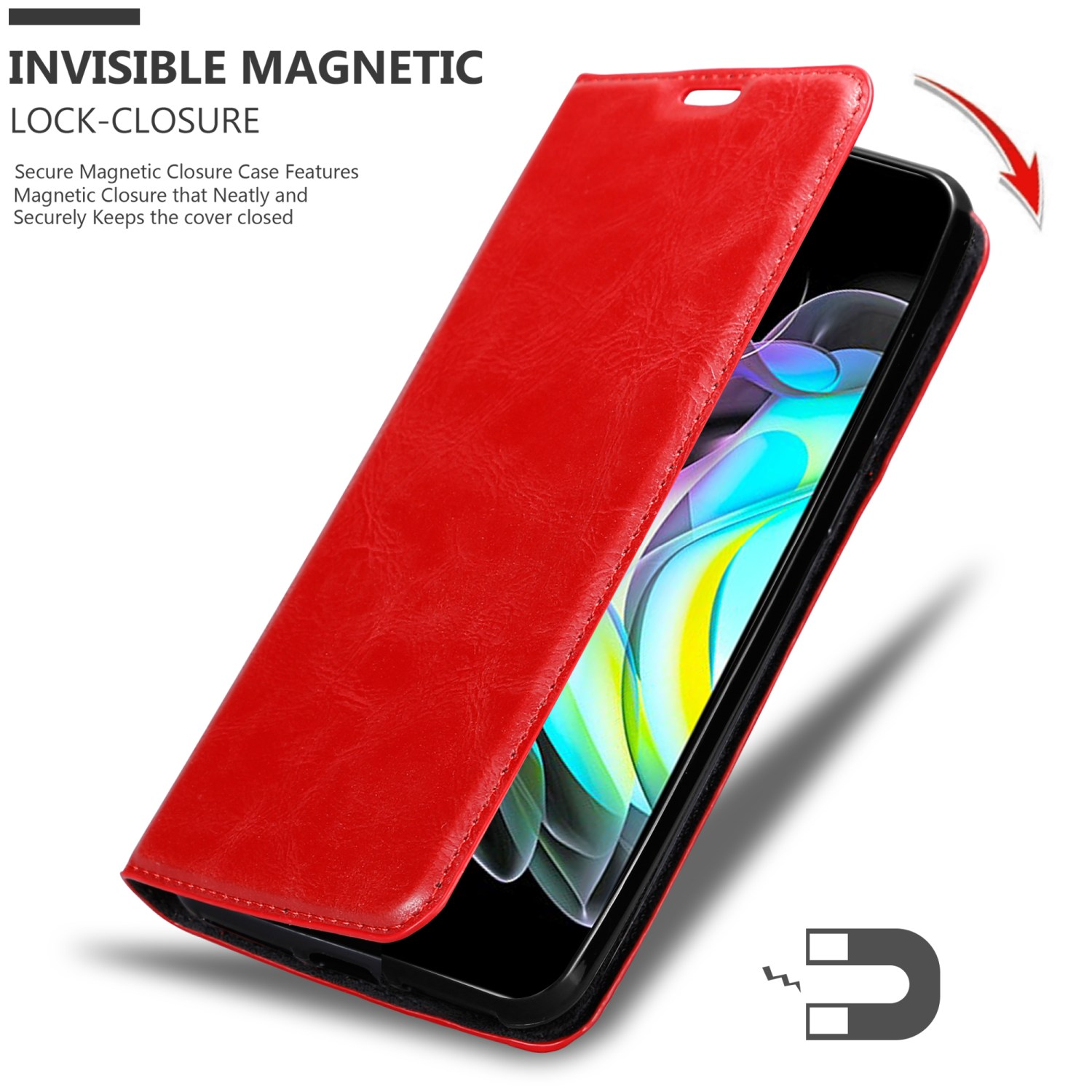 Eine rote Handyhülle wird geöffnet und gibt ein Telefon frei. Ein Magnet ist sichtbar.