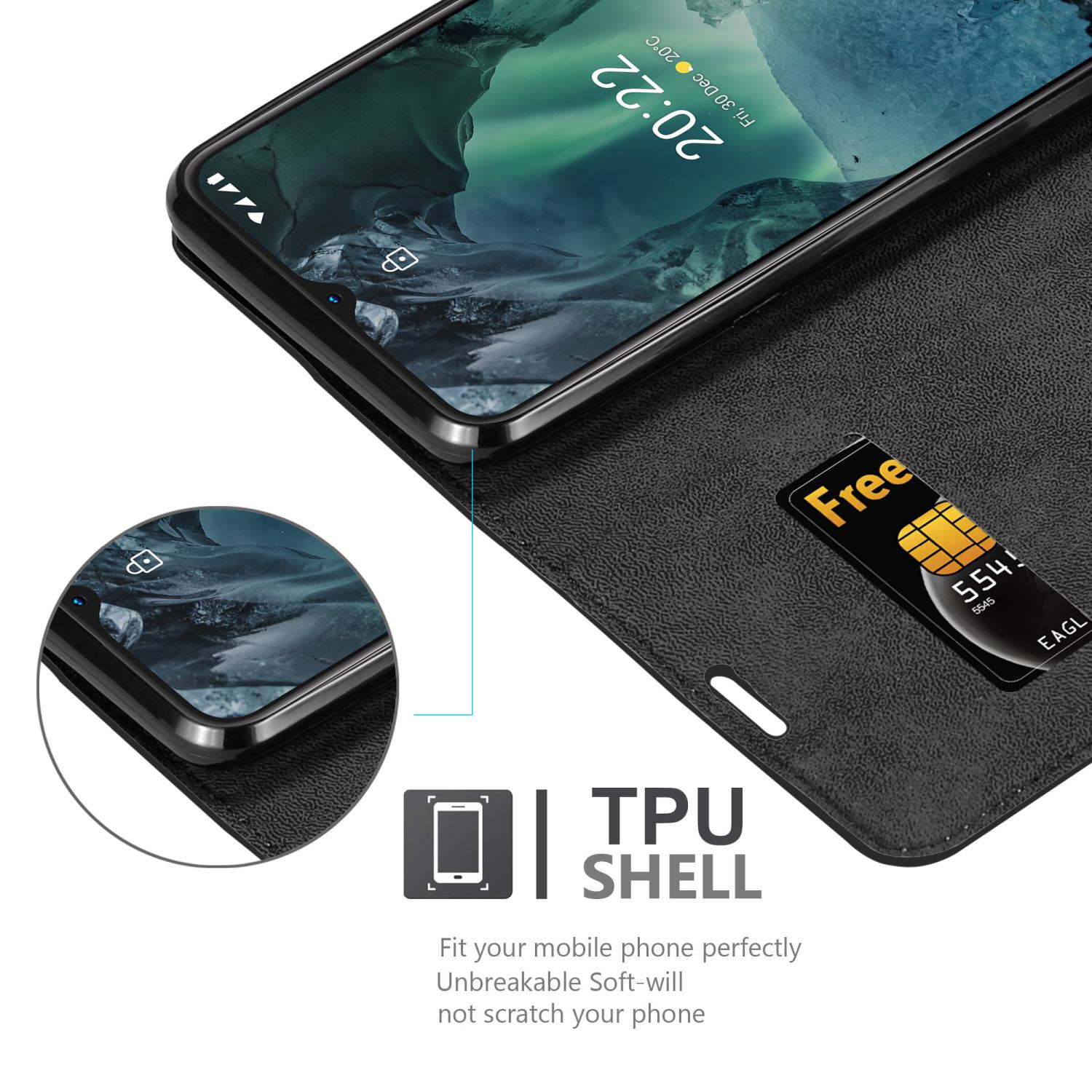 Custodia nera aperta con telefono all'interno. Il telefono mostra una SIM card e un display dell'ora.