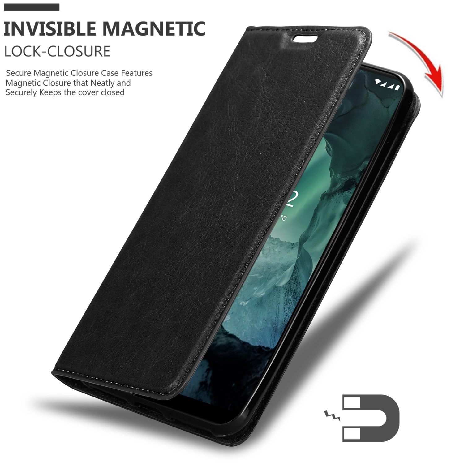 Custodia per telefono nera aperta, che rivela il telefono. Simbolo del magnete sotto. Chiusura magnetica invisibile.