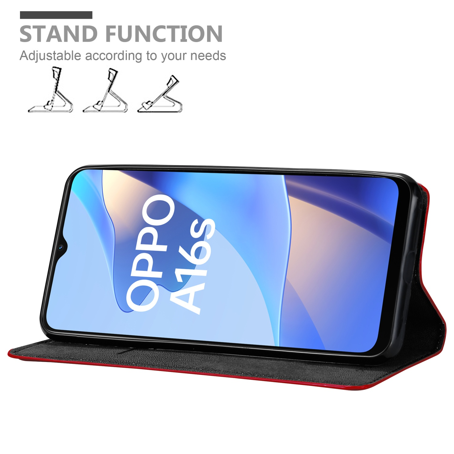 Custodia con telefono, OPPO A16s visibile, custodia rossa con supporto.