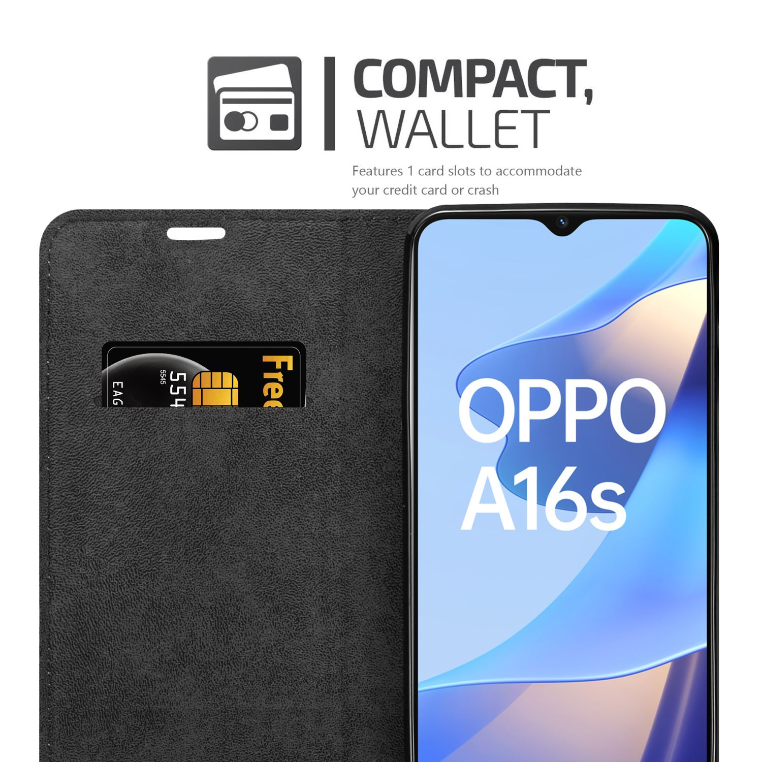 Custodia nera con slot per schede e un telefono Oppo A16s. Il testo dice: Portafoglio compatto.