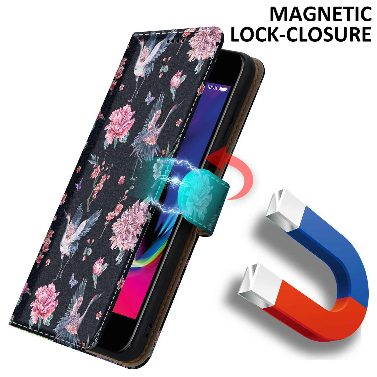 Custodia per telefono con design floreale, aperta. Un magnete attira il telefono. Telefono visibile.