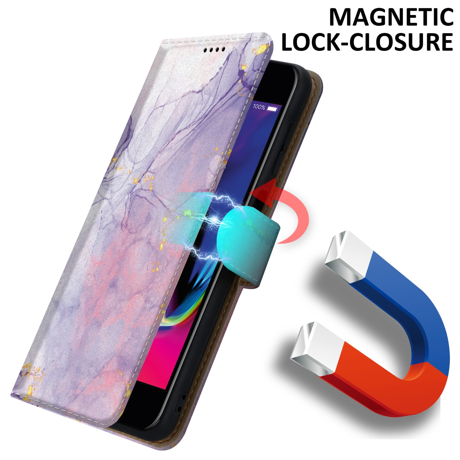 Telefono in una custodia con motivo marmoreo con chiusura magnetica. Un magnete sta tirando la custodia per chiuderla.