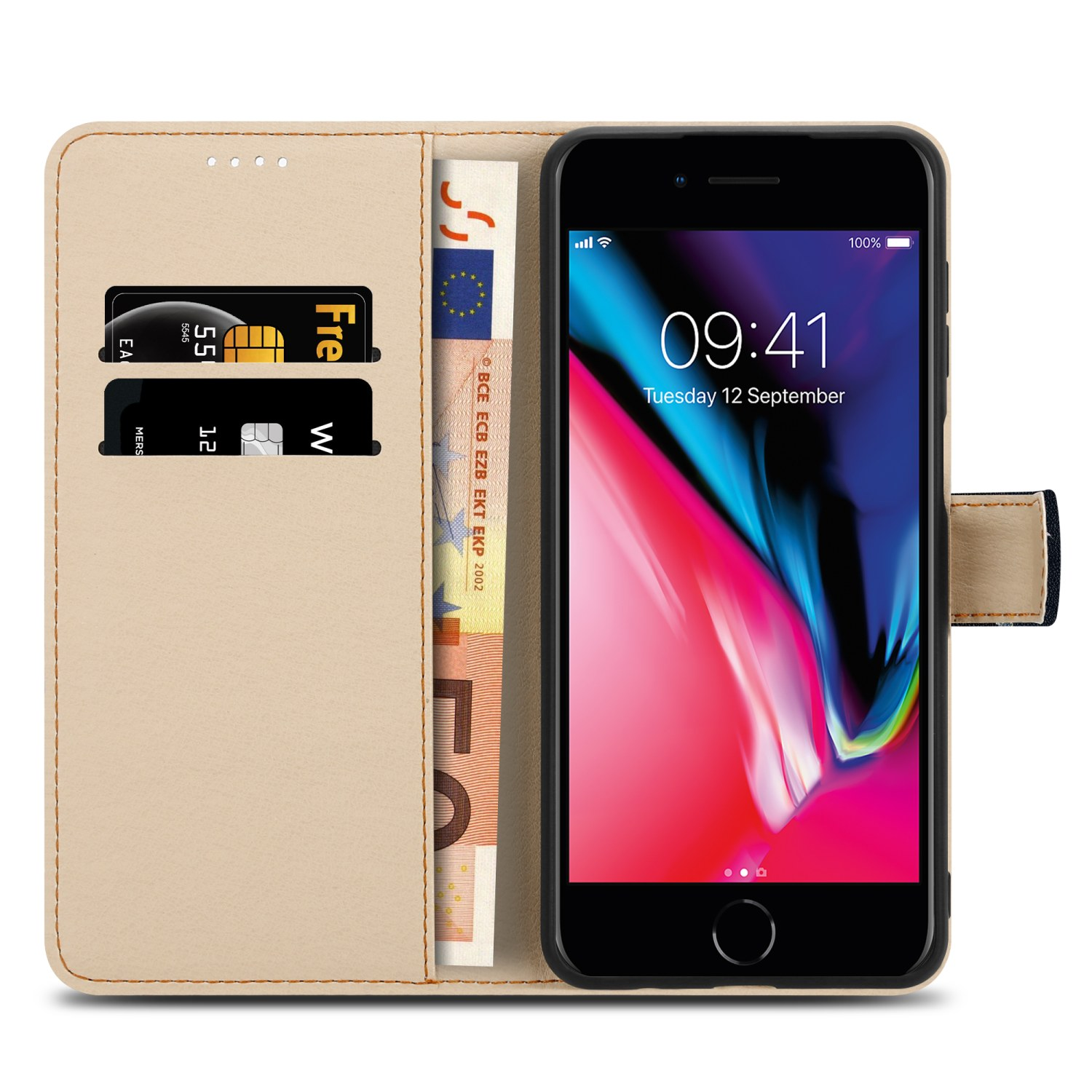 Custodia a portafoglio per telefono con un telefono all'interno. Il portafoglio ha fessure per carte e una sezione per banconote, con denaro e carte.