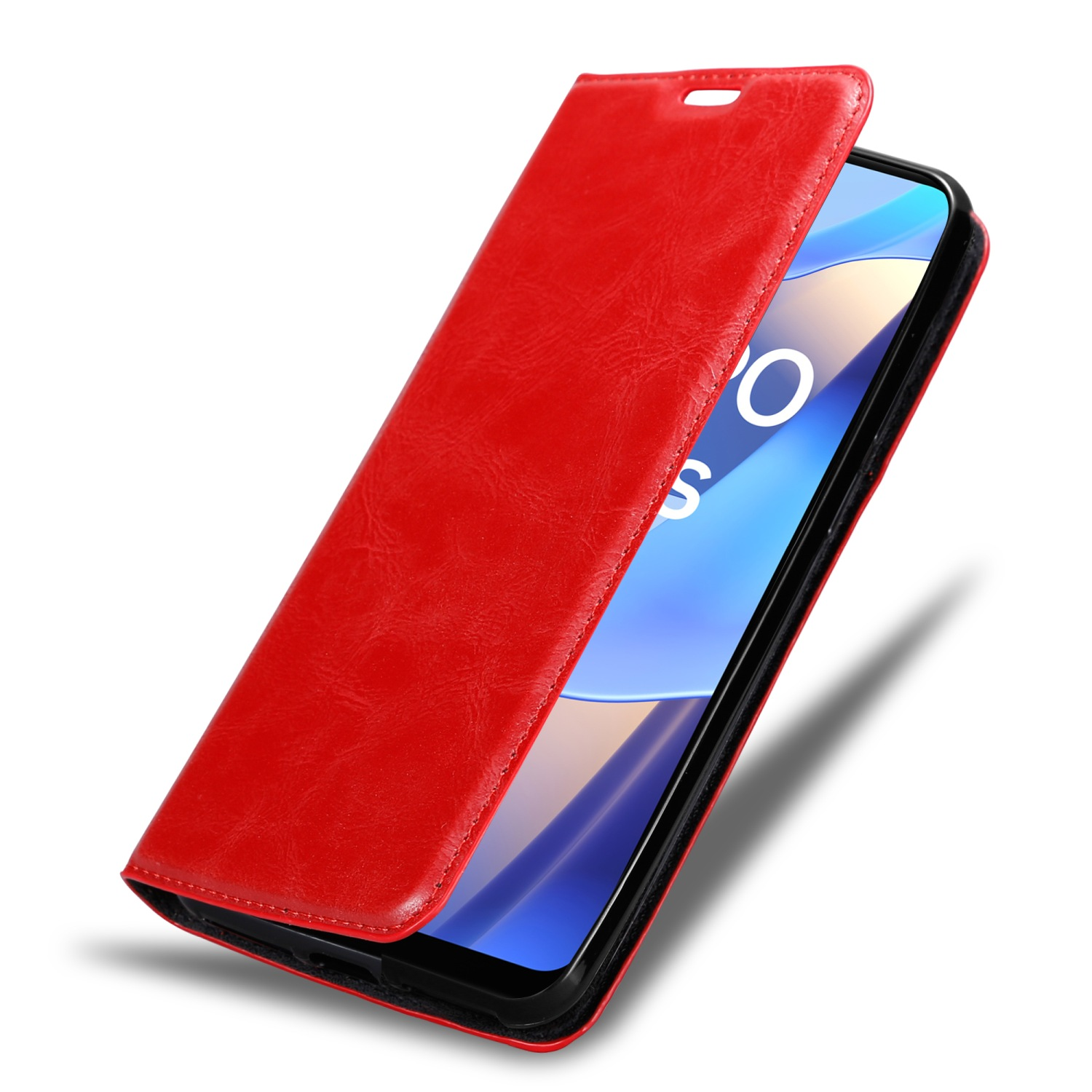 Eine rote Leder-Handyhülle, geöffnet und zeigt den Telefonbildschirm.