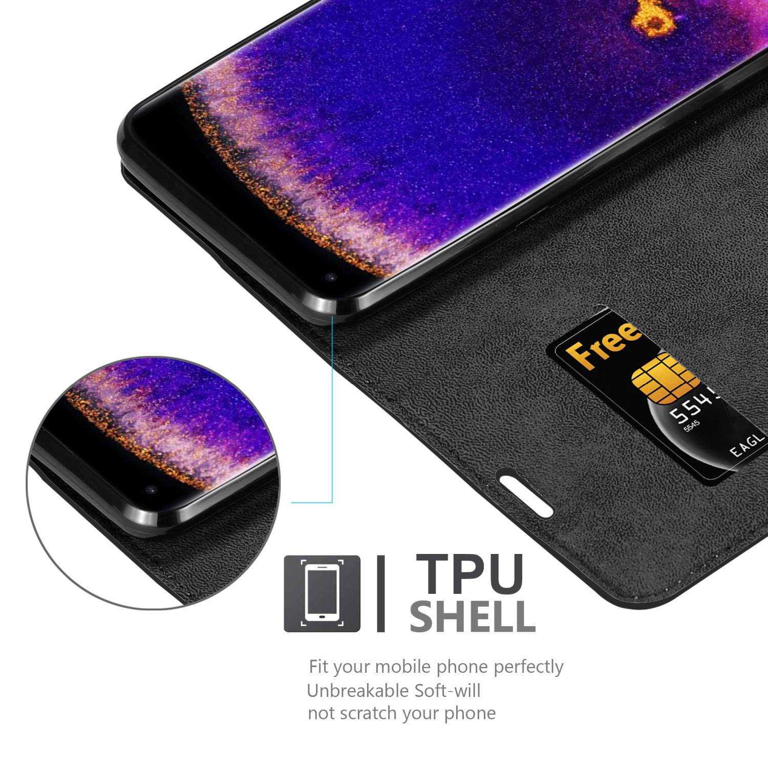 Custodia nera per telefono con telefono all'interno. Caratteristiche: guscio in TPU e testo sulla protezione.