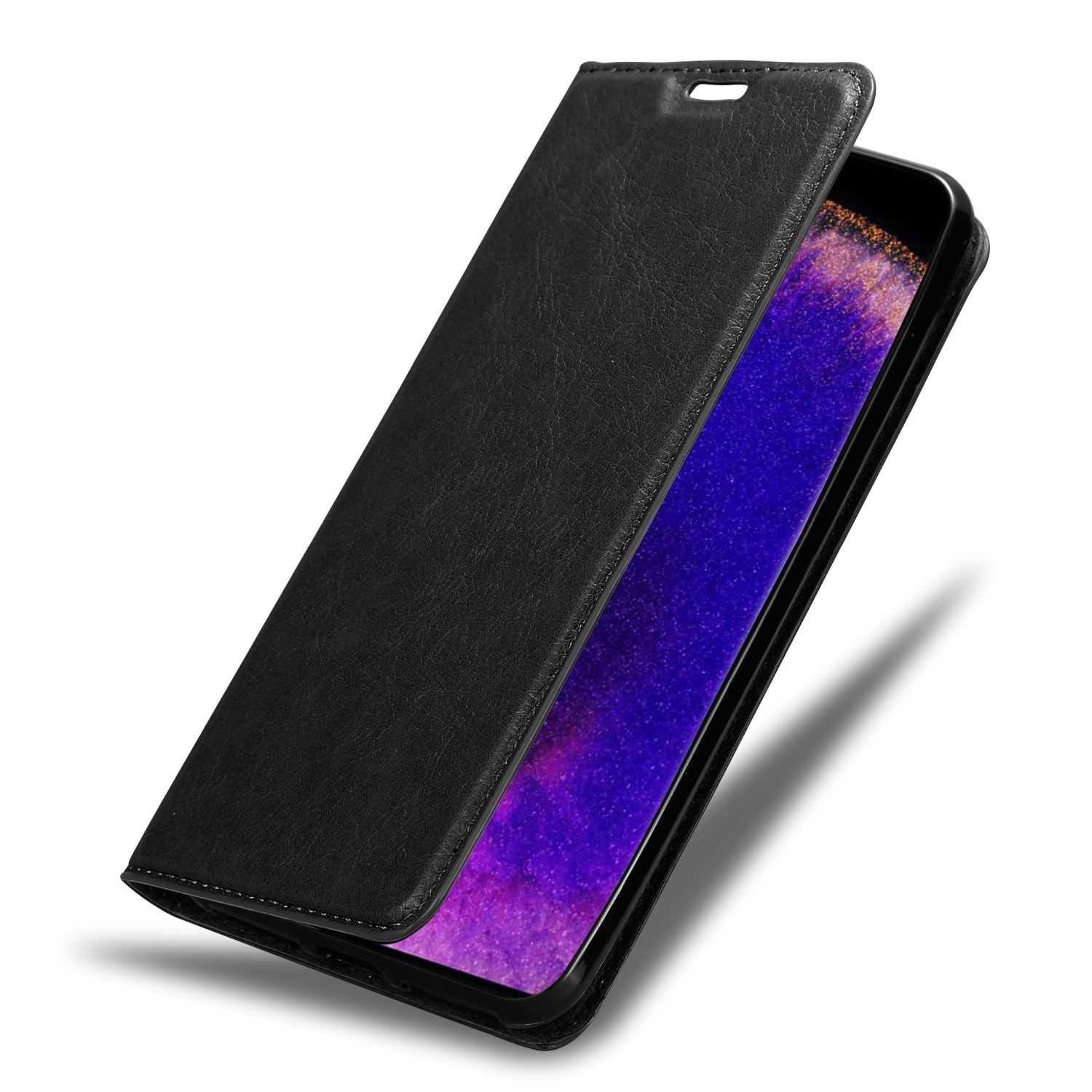 Custodia per telefono nera aperta, che rivela un telefono con schermo viola e blu.