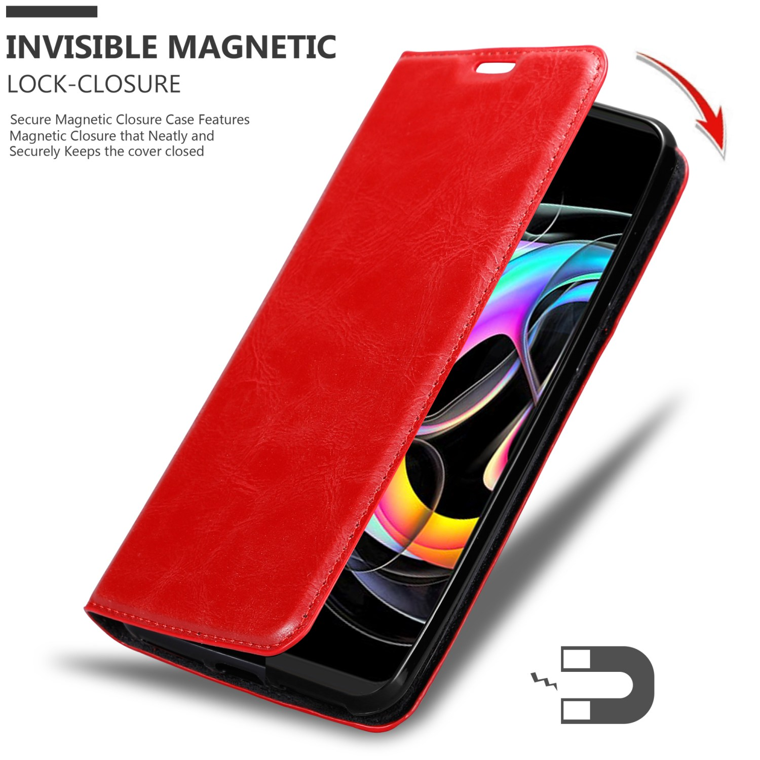 Custodia rossa aperta, rivela un telefono con schermo colorato. Chiusura magnetica mostrata.