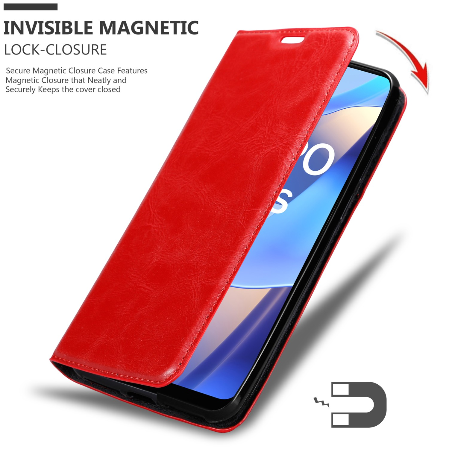 Custodia rossa, aperta, che rivela lo schermo del telefono. C'è un simbolo di magnete.