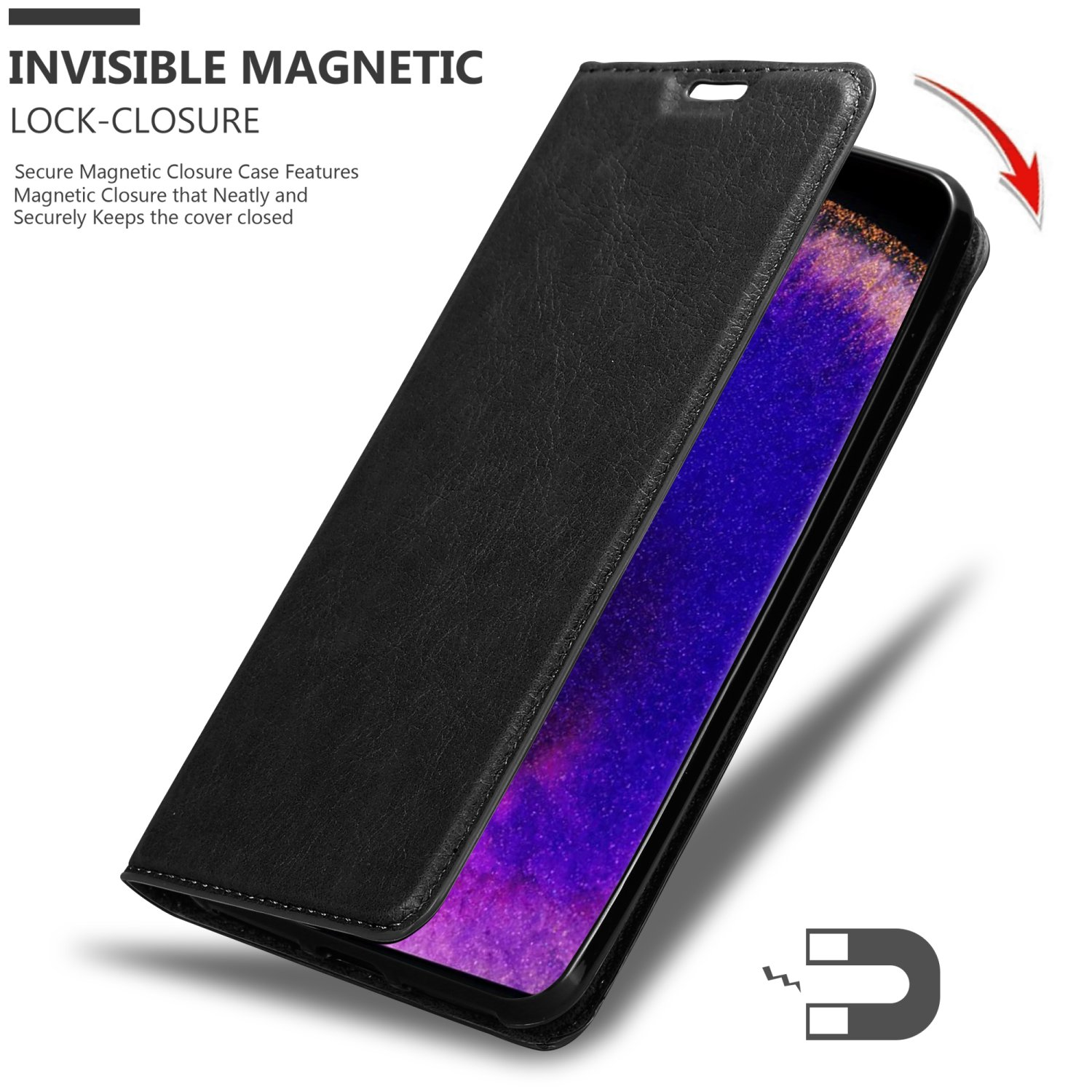 Custodia nera per telefono aperta che mostra il telefono. Testo Chiusura magnetica invisibile. Simbolo magnetico.