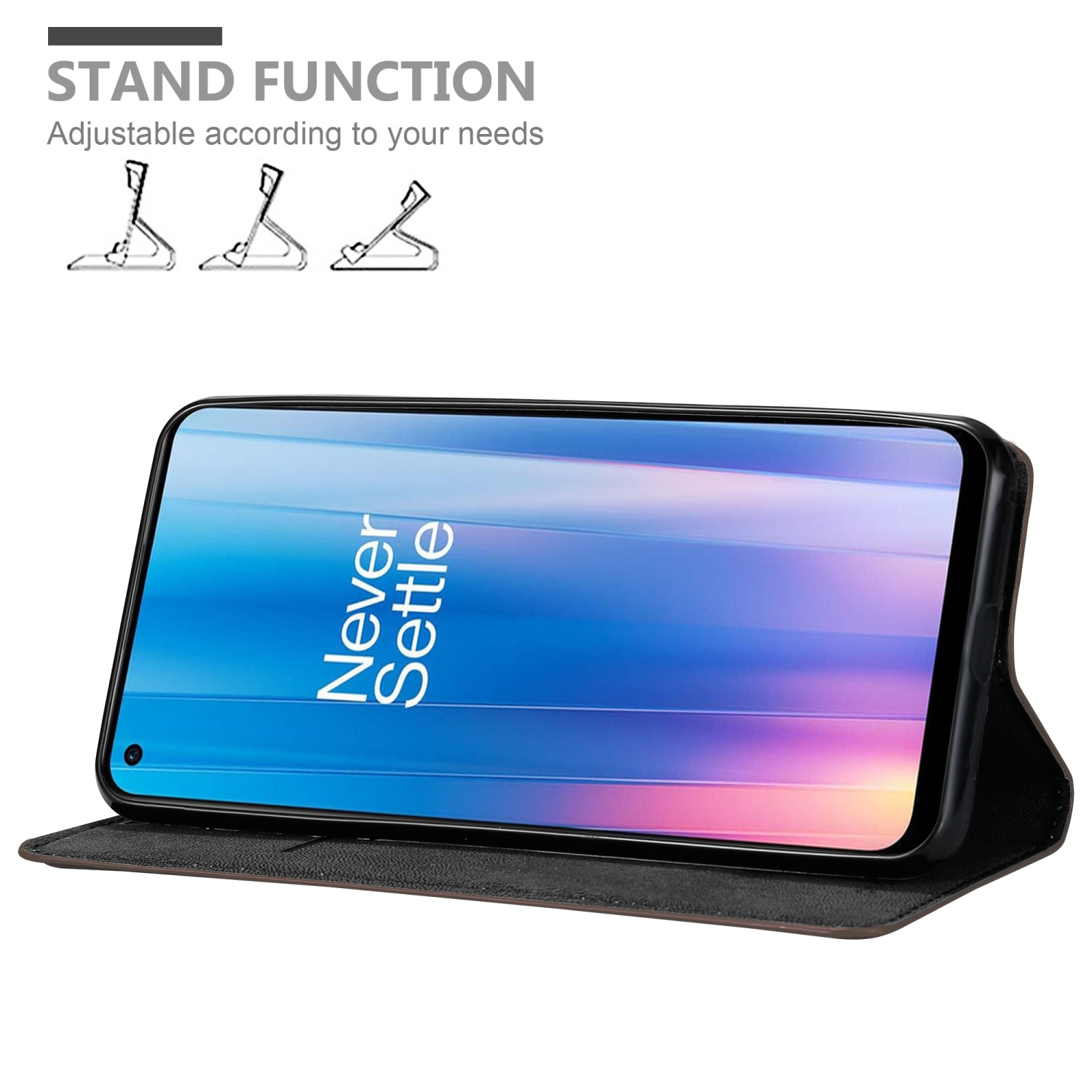 Telefono nero in custodia nera, in piedi. Testo: STAND FUNCTION e illustrazioni supporto.