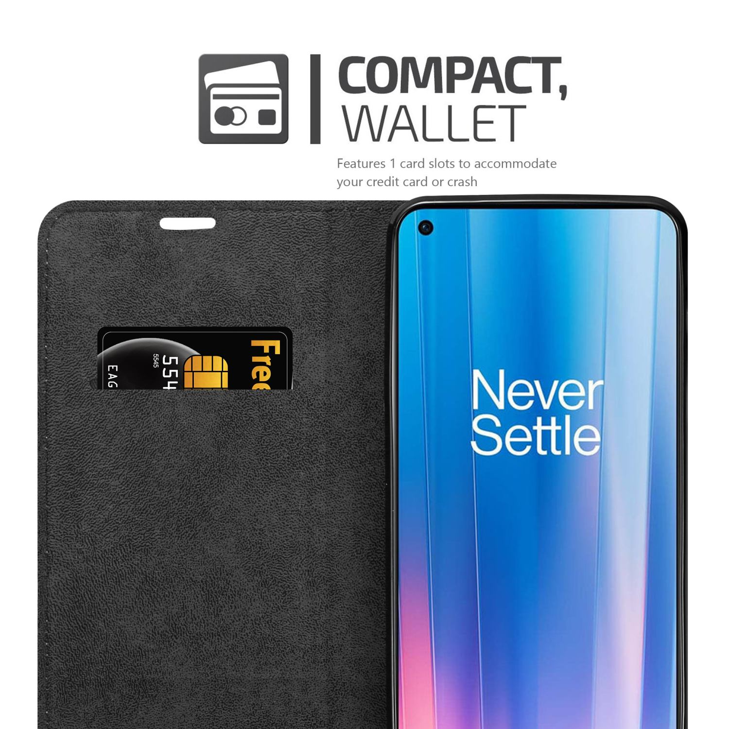 Custodia nera con fessura per carta di credito e telefono con testo 'Never Settle'.