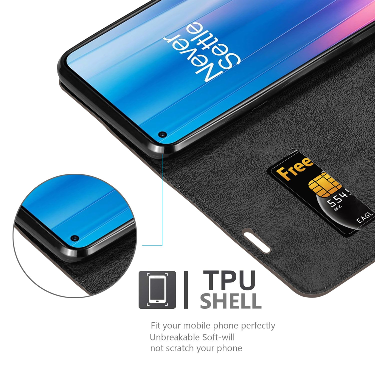 Custodia nera per telefono con patta aperta, che mostra un telefono e una SIM. TPU SHELL è scritto sotto.