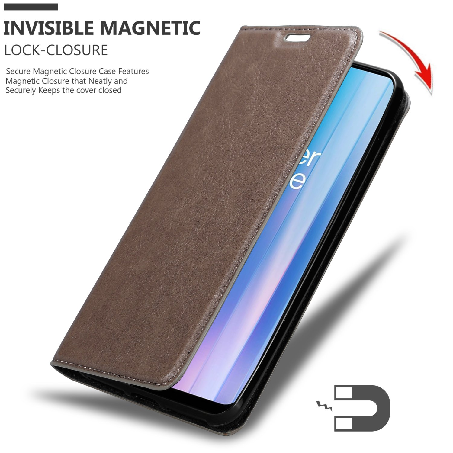Custodia marrone aperta, mostra il telefono. Testo: Invisible Magnetic Lock-Closure.