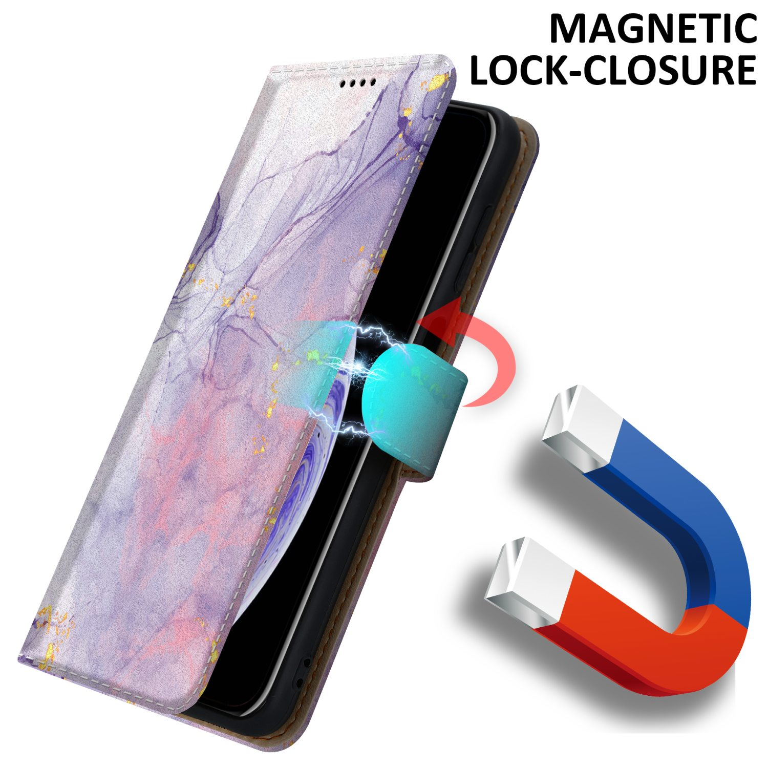 Custodia per telefono con chiusura magnetica aperta, che mostra un telefono.