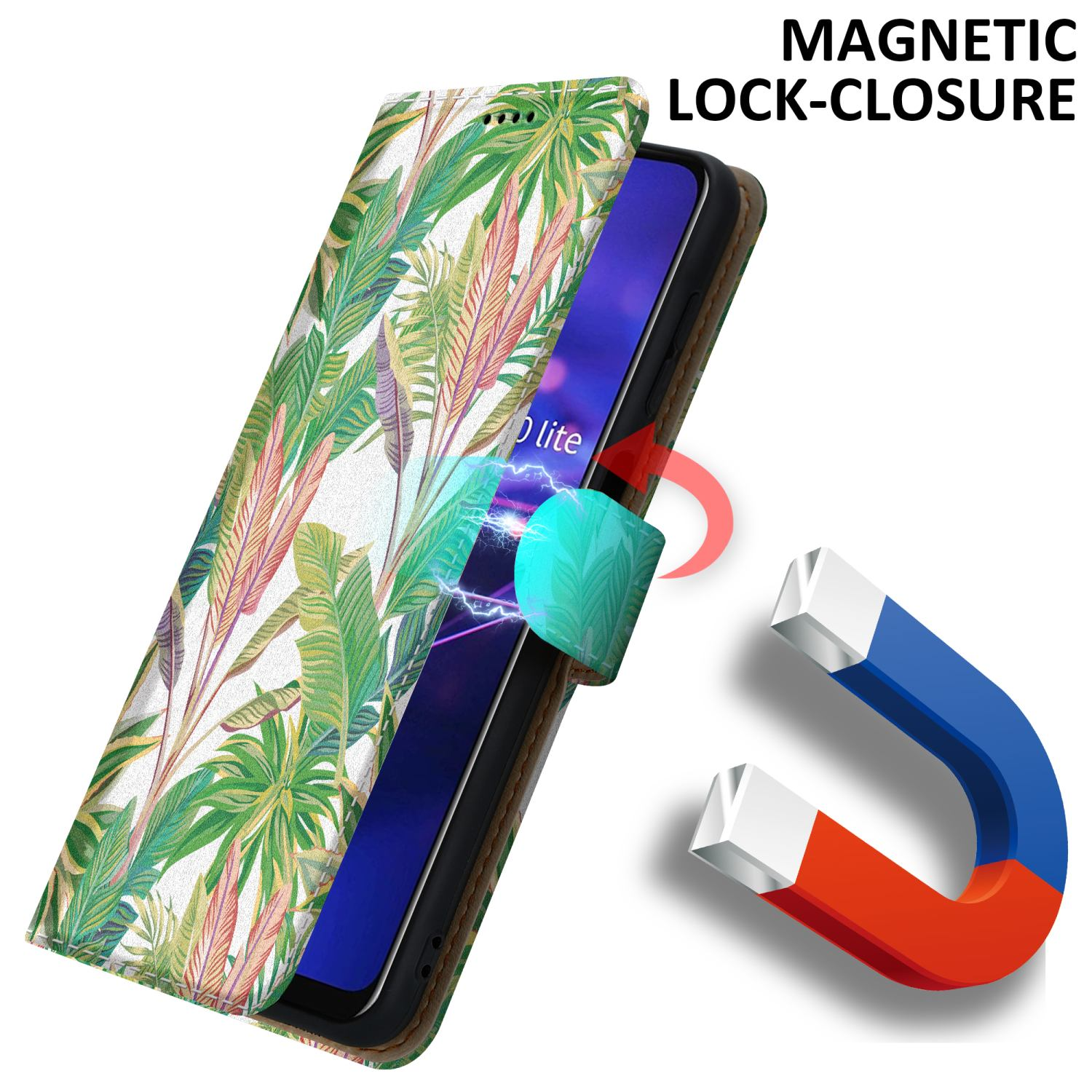 Una custodia per telefono con un design floreale è aperta, mostrando un telefono con una chiusura magnetica.