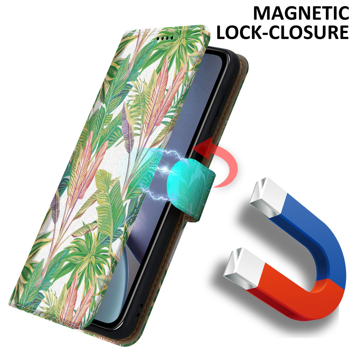 Handyhülle mit floralem Design und Magnetverschluss. Die Hülle ist geöffnet und zeigt das Telefon im Inneren.