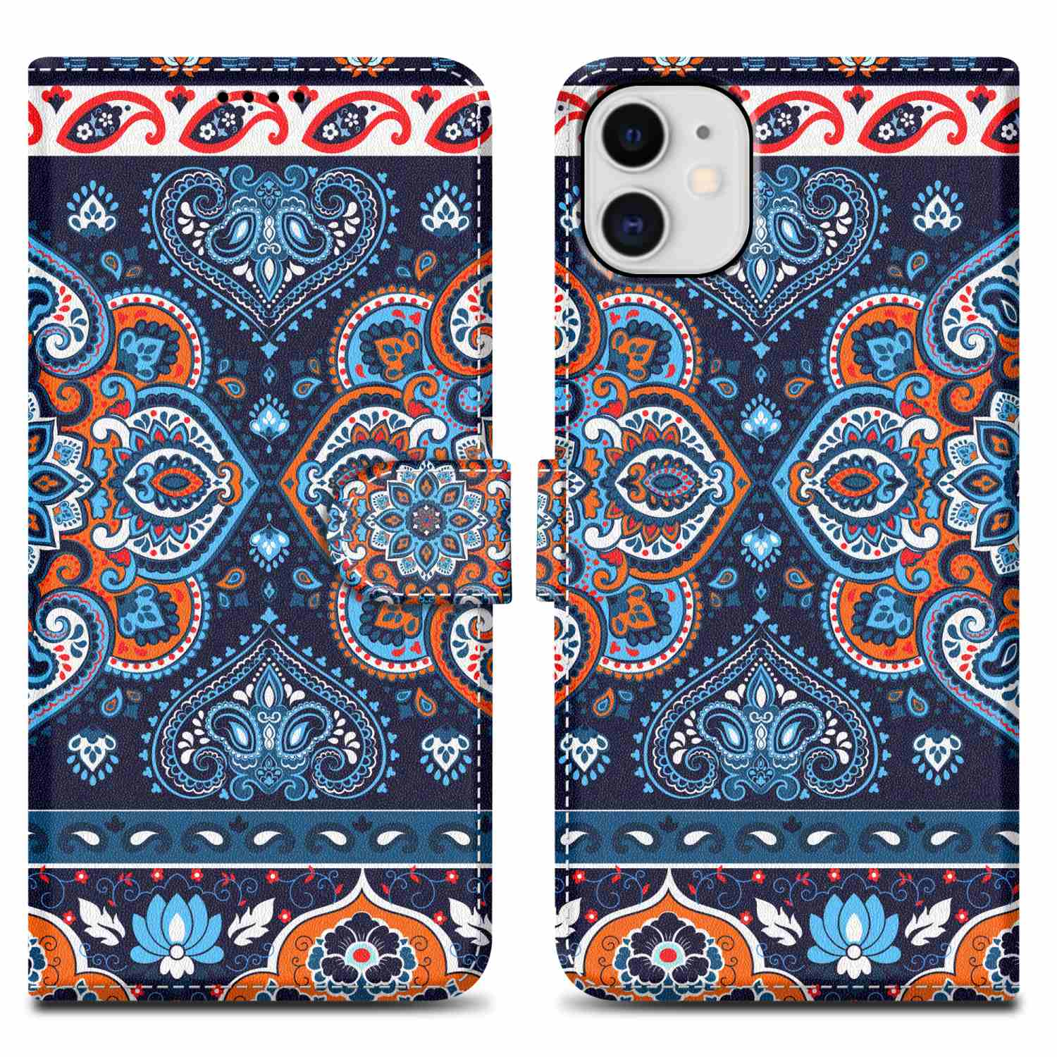 Custodia per telefono aperta. Design a motivi con blu, arancione e bianco. Telefono all'interno.