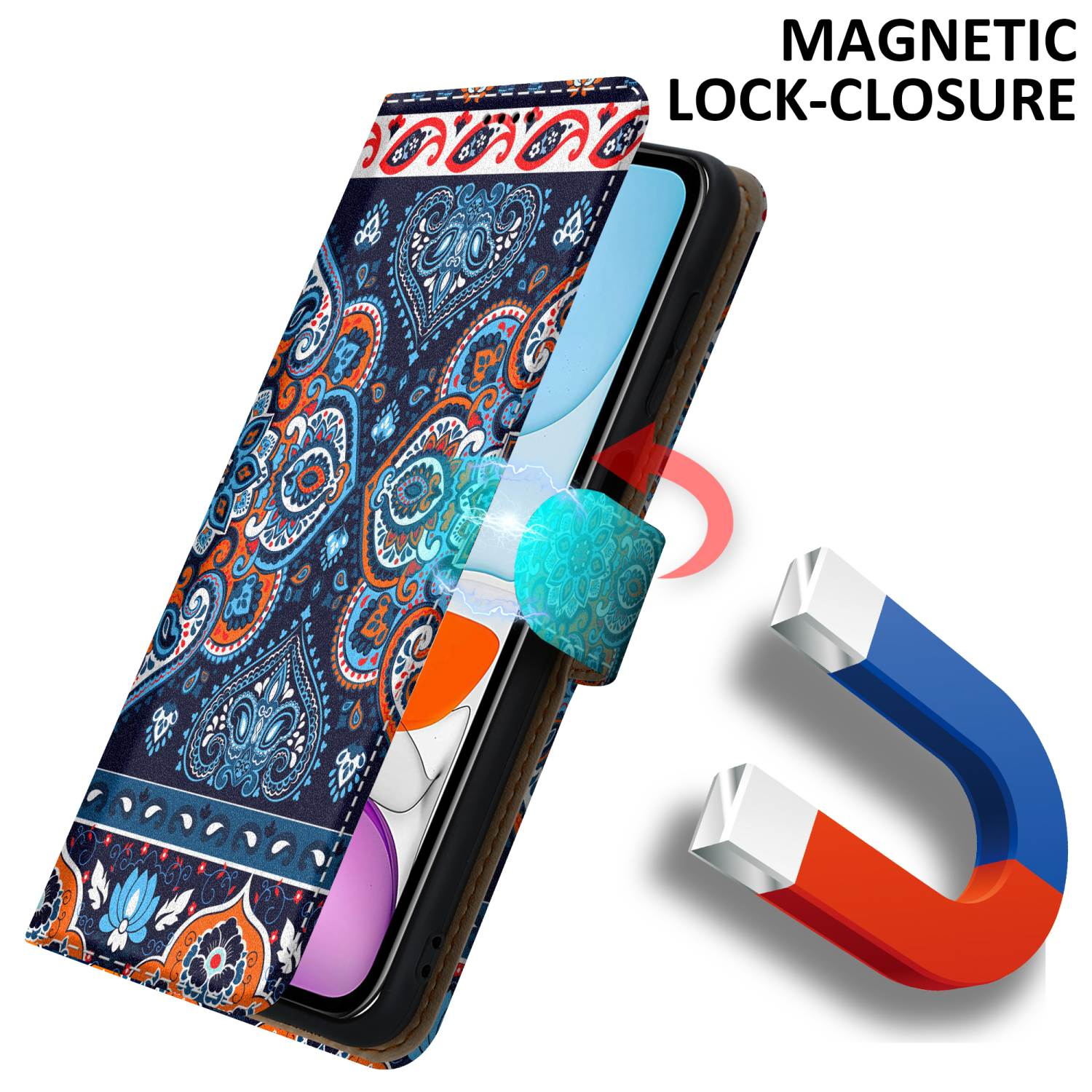Una custodia per telefono a fantasia è aperta, che mostra un telefono e un magnete. Il telefono è su uno sfondo bianco.