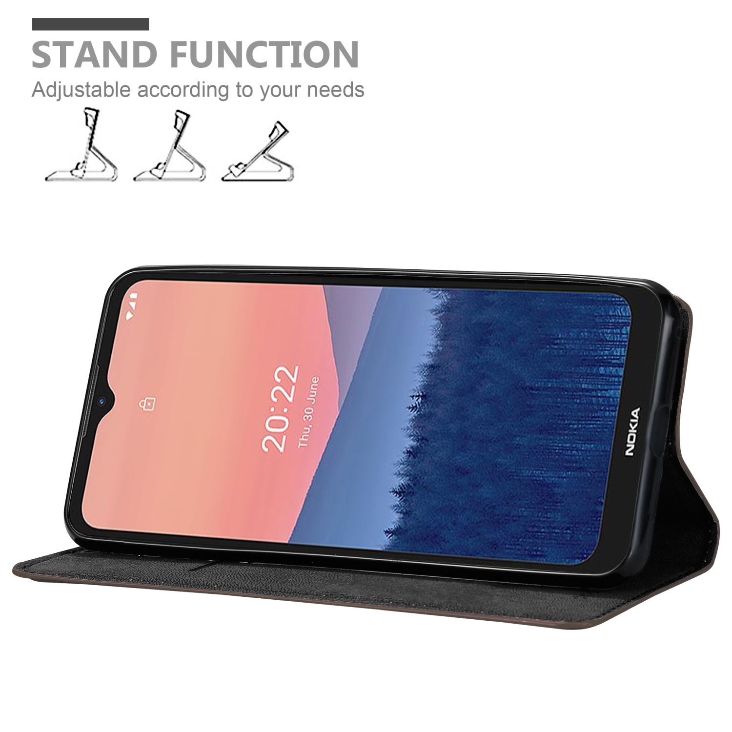 Telefono all'interno di una custodia nera. Funzione stand. Testo sulla funzione stand e tre diverse opzioni di supporto.