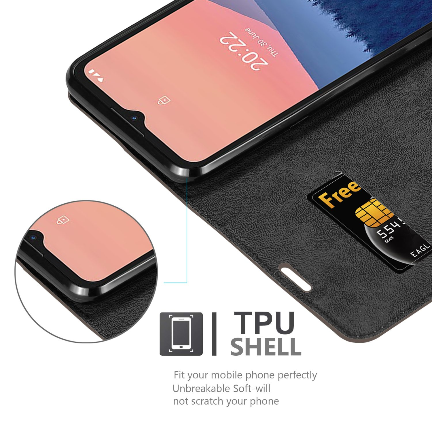 Un telefono in una custodia a portafoglio nera, con una carta visibile. Testo: Guscio in TPU. Adatta perfettamente il tuo cellulare.