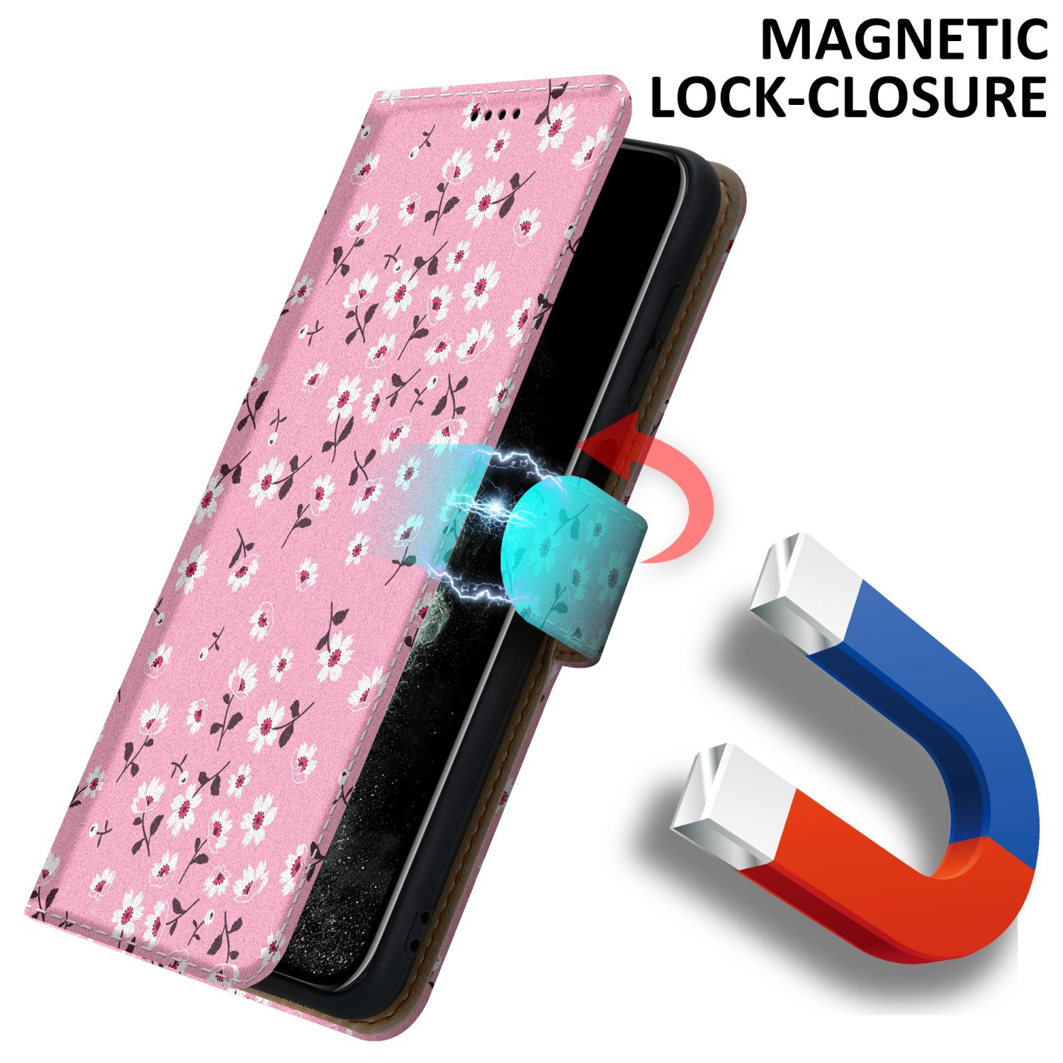 Custodia floreale rosa con telefono, chiusura magnetica evidenziata con un magnete.