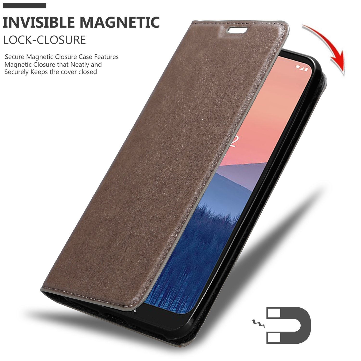 Custodia per telefono marrone aperta, con telefono all'interno. Testo: Chiusura magnetica invisibile. Magnete mostrato.