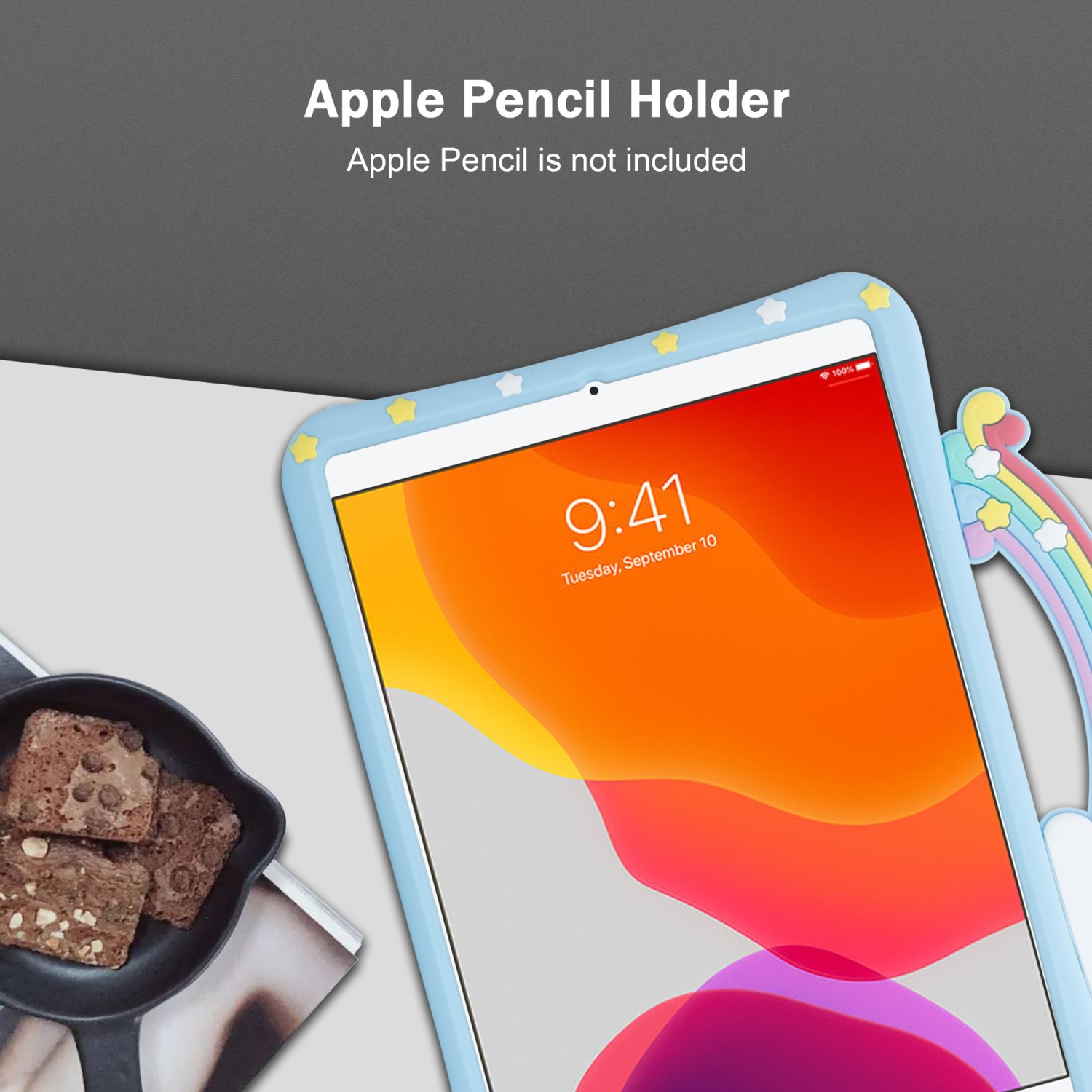 Blau-weißes iPad-Case mit Regenbogen-Griff. Der Bildschirm zeigt die Uhrzeit und etwas Essen.