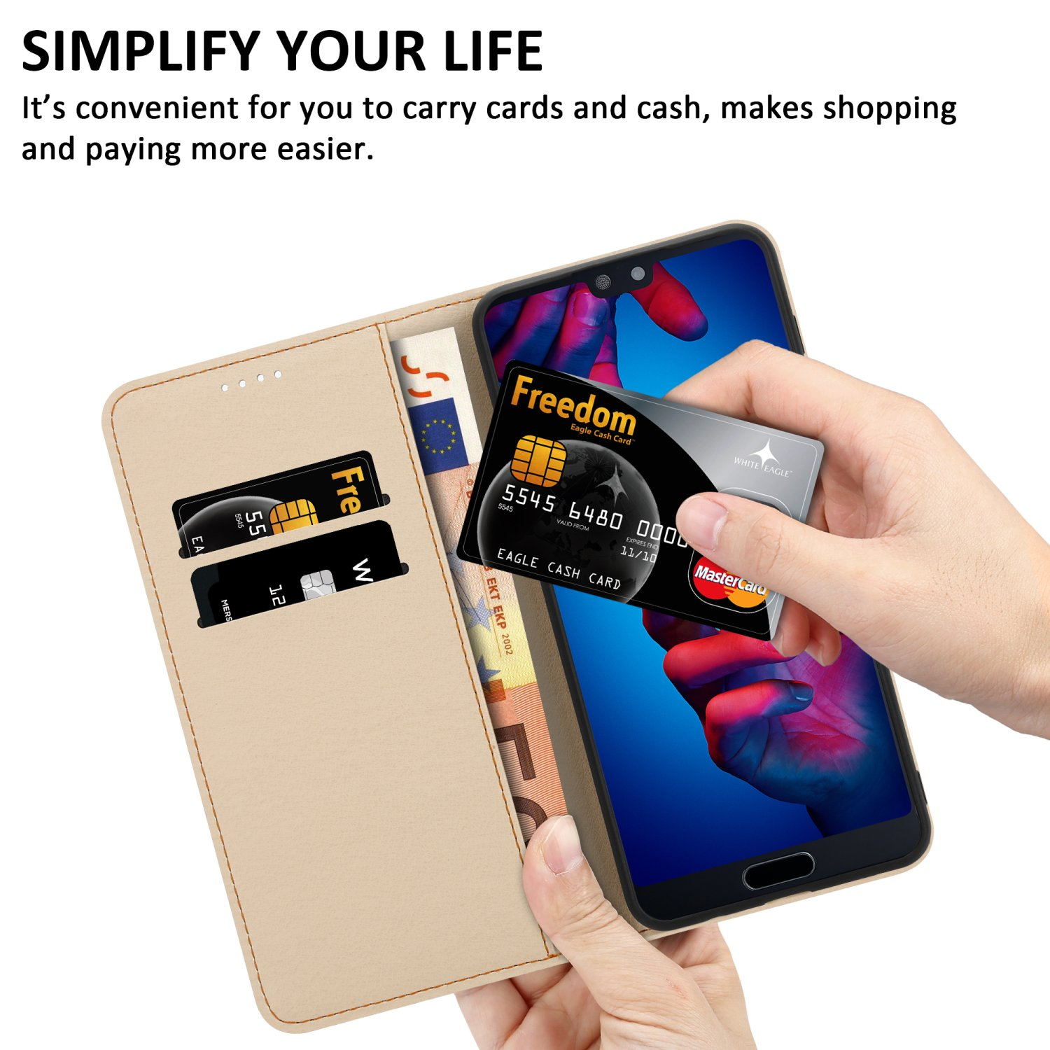 Mano che tiene un telefono con carte in un portafoglio e banconote in euro. Testo: Semplifica la tua vita.