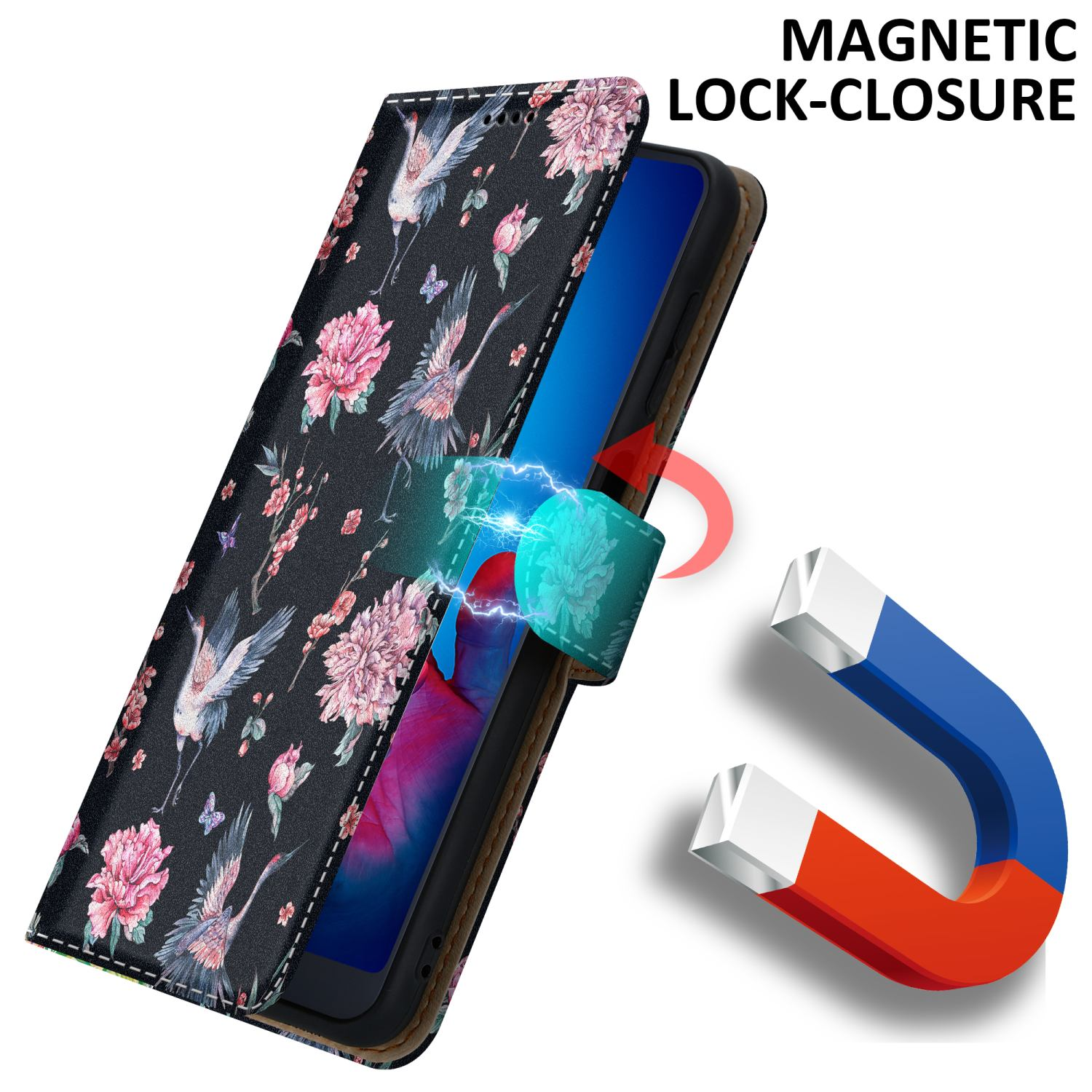Custodia per telefono con design floreale e chiusura magnetica. Sfondo bianco con icona del magnete.